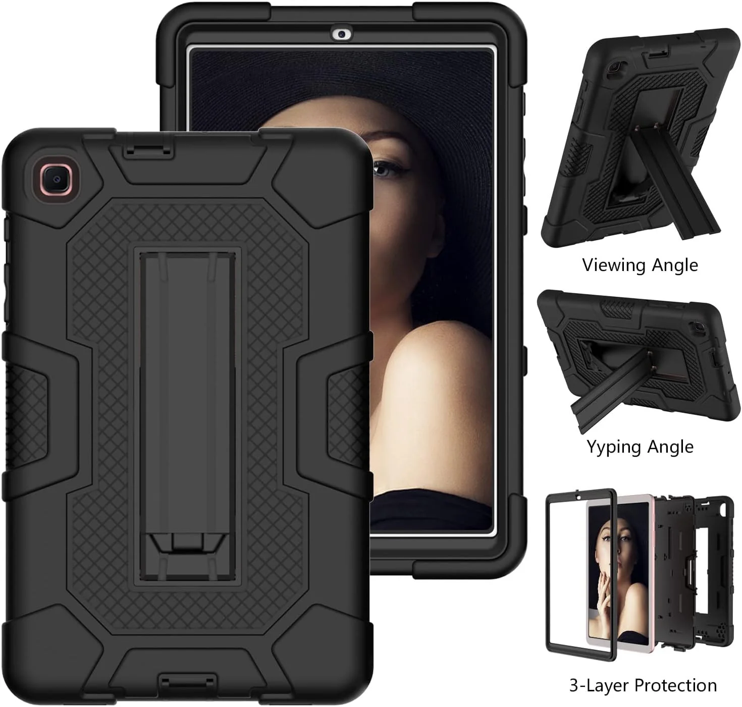 کیف تبلت سامسونگ تب A 8.4 2020 مدل T307 به همراه پایه، مقاوم در برابر ضربه، سه لایه محافظتی سخت و نرم سیلیکونی (مشکی+مشکی)