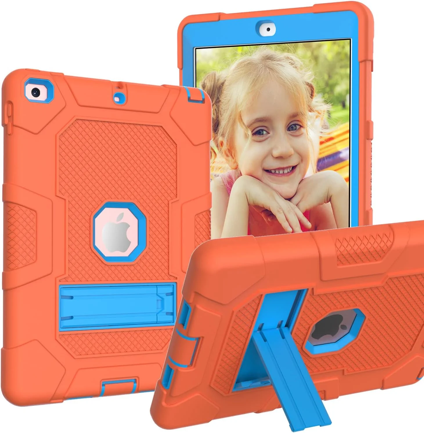 کیف آیپد 9.7 2018 YEOU با استند، مقاوم در برابر ضربه، سه لایه محافظتی سخت و نرم، کیف سیلیکونی تبلت اپل (نارنجی + آبی)