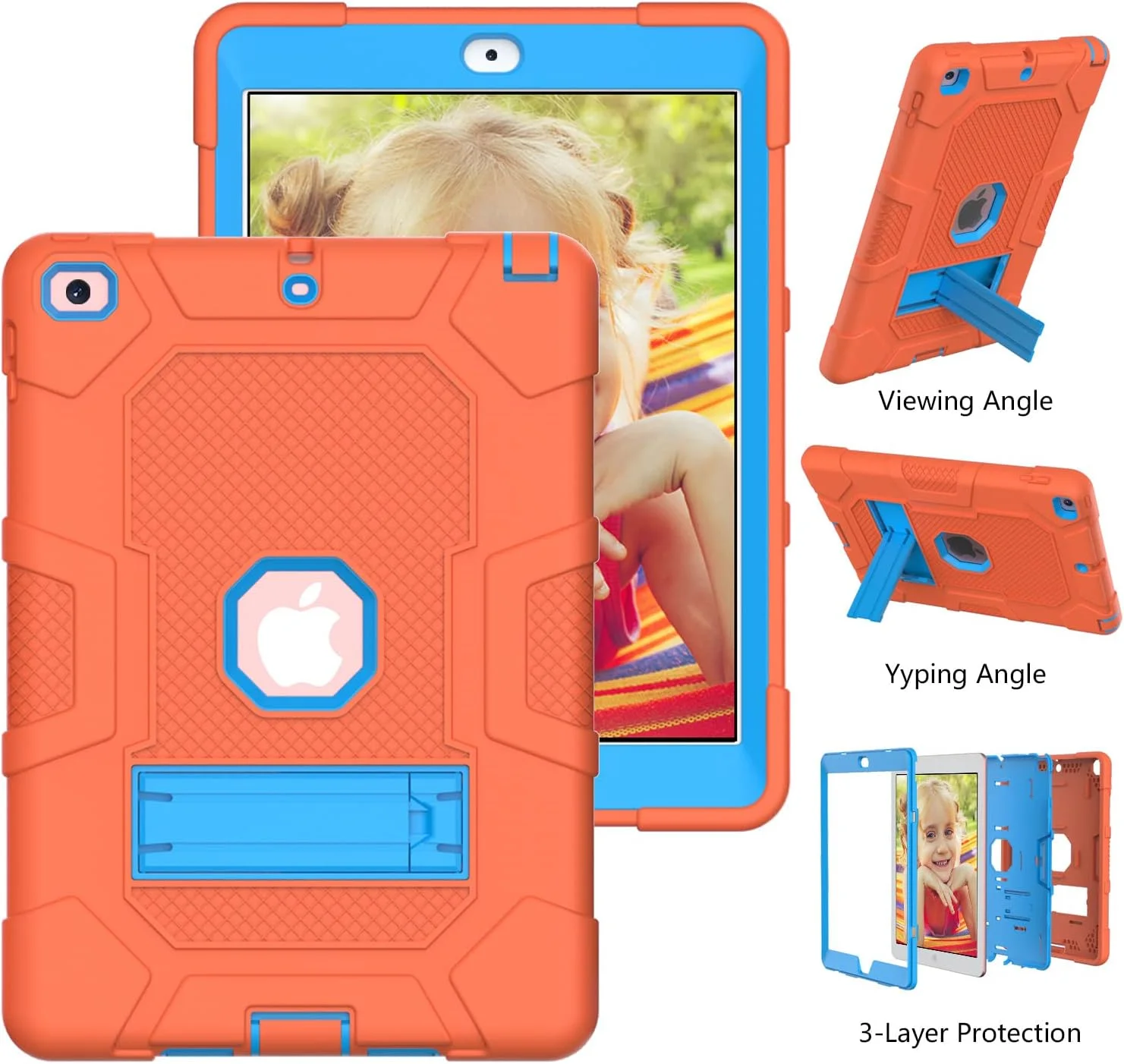 کیف آیپد 9.7 2018 YEOU با استند، مقاوم در برابر ضربه، سه لایه محافظتی سخت و نرم، کیف سیلیکونی تبلت اپل (نارنجی + آبی)