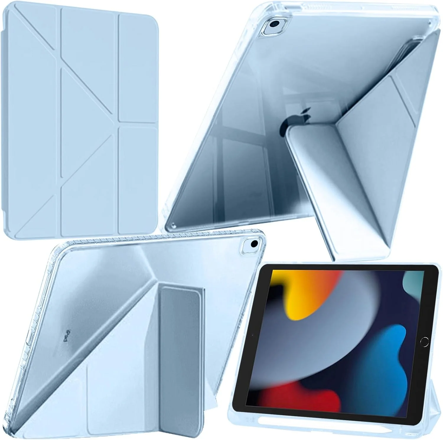 کیف محافظ تبلت سازگار با آیپد نسل 9/8/7 (10.2 اینچ) 2021/2020/2019 / آیپد ایر 10.5 2019 / آیپد پرو 10.5 اینچ 2017، دارای جای قلم، قابلیت بیدار شدن/به خواب رفتن خودکار، آبی آسمانی