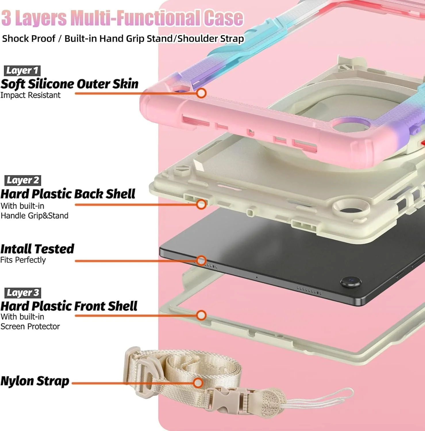 کیف محافظ تبلت سامسونگ گلکسی تب A8 10.5 اینچی (SM-X200/X205/X207) مدل TERRIFI، مقاوم در برابر ضربه، دارای استند چرخشی 360 درجه، جای قلم، بند شانه قابل تنظیم، صورتی