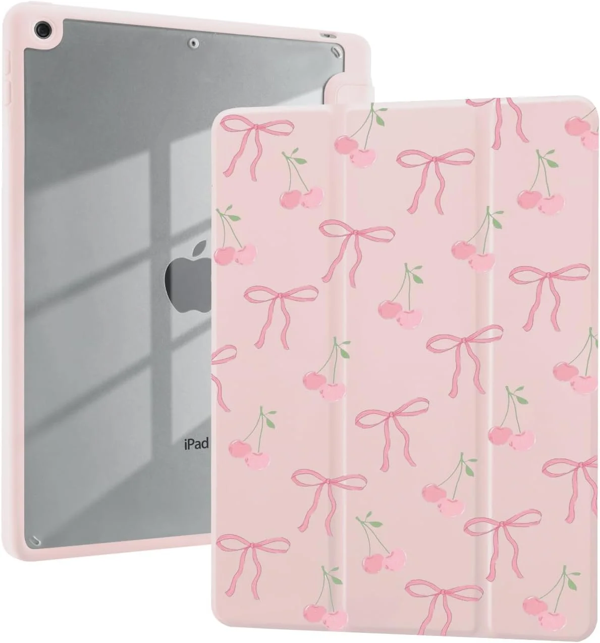 کاور پاپیونی گیلاسی زیبا برای آیپد ایر 11 اینچ M3 2025/M2 2024/آیپد ایر 5 2022/ایر 4 2020 10.9 اینچ با نگهدارنده مداد، استند سه تایی، جلد چرمی صورتی دخترانه، قاب پشتی شفاف، قابلیت بیدار و خواب خودکار