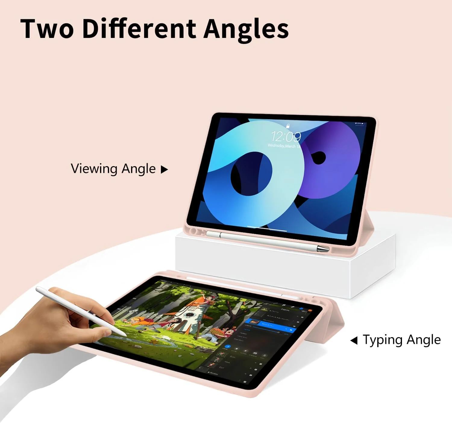 کاور پاپیونی گیلاسی زیبا برای آیپد ایر 11 اینچ M3 2025/M2 2024/آیپد ایر 5 2022/ایر 4 2020 10.9 اینچ با نگهدارنده مداد، استند سه تایی، جلد چرمی صورتی دخترانه، قاب پشتی شفاف، قابلیت بیدار و خواب خودکار