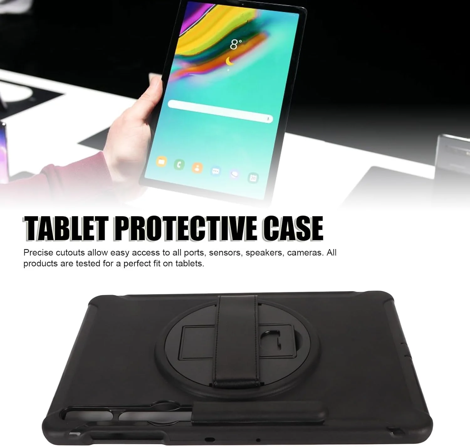 کیف محافظ تبلت برای S9plus X810 S7plus S7FE S8plus، کیف تبلت مقاوم سه لایه با بند دستی و پایه، ضد ضربه و ضد سقوط (مشکی)