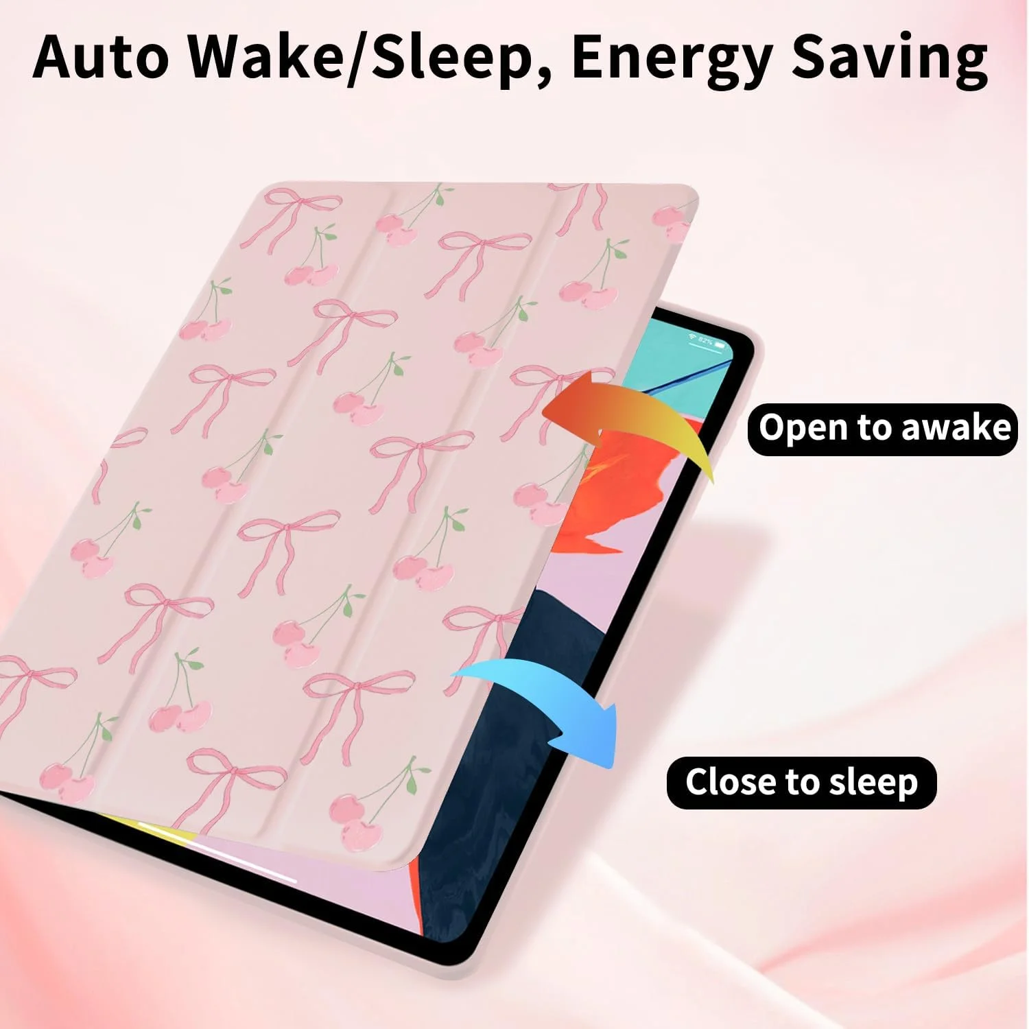 کاور پاپیونی گیلاسی زیبا برای آیپد ایر 11 اینچ M3 2025/M2 2024/آیپد ایر 5 2022/ایر 4 2020 10.9 اینچ با نگهدارنده مداد، استند سه تایی، جلد چرمی صورتی دخترانه، قاب پشتی شفاف، قابلیت بیدار و خواب خودکار