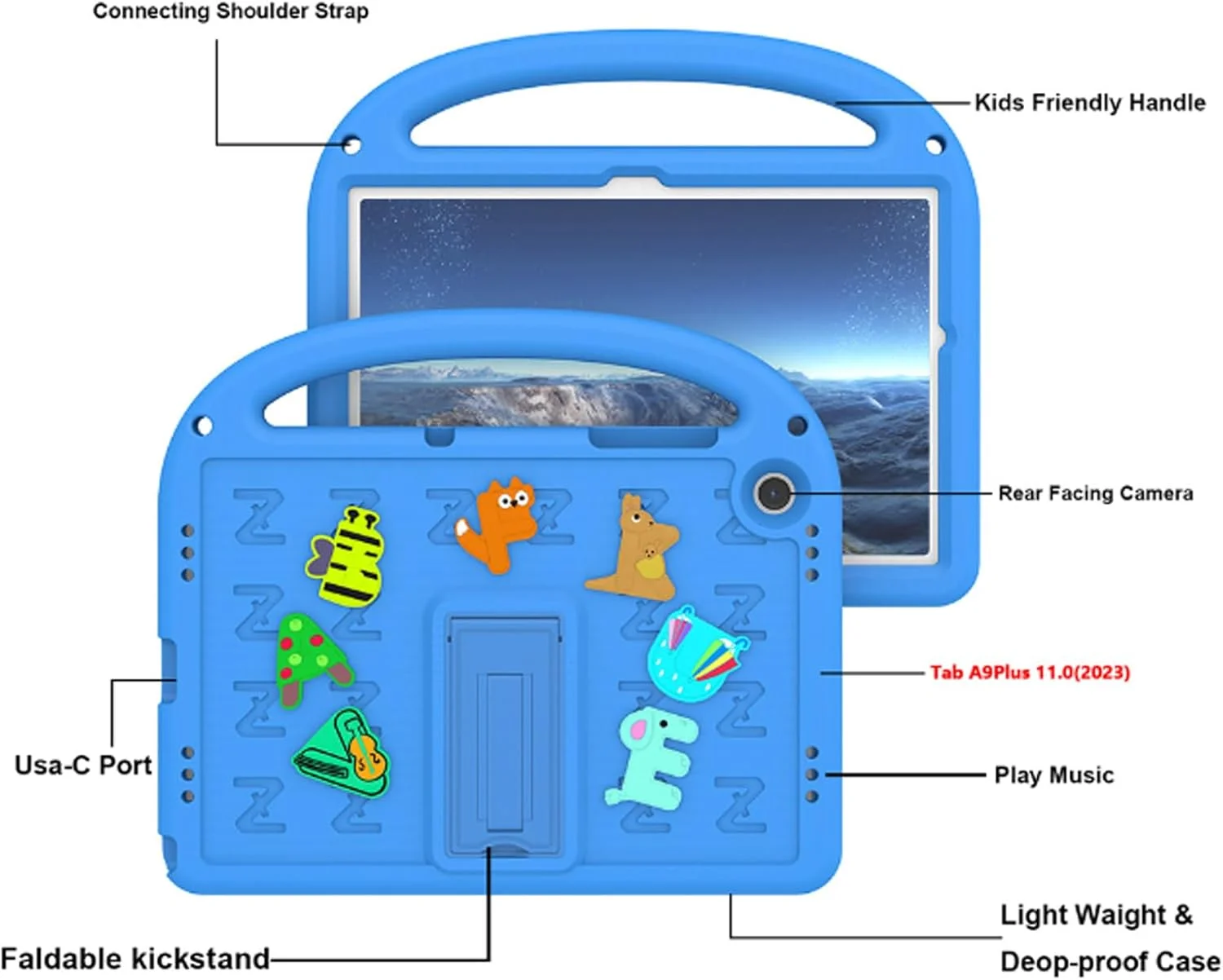 کیف محافظ کودکانه Tujibeay مناسب برای تبلت سامسونگ گلکسی تب A9 پلاس 2023 11 اینچی، سبک وزن، ضد ضربه EVA با دسته (آبی)