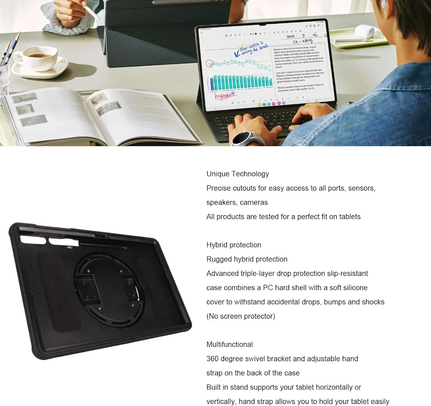 کیف محافظ تبلت برای S9plus X810 S7plus S7FE S8plus، کیف تبلت مقاوم سه لایه با بند دستی و پایه، ضد ضربه و ضد سقوط (مشکی)