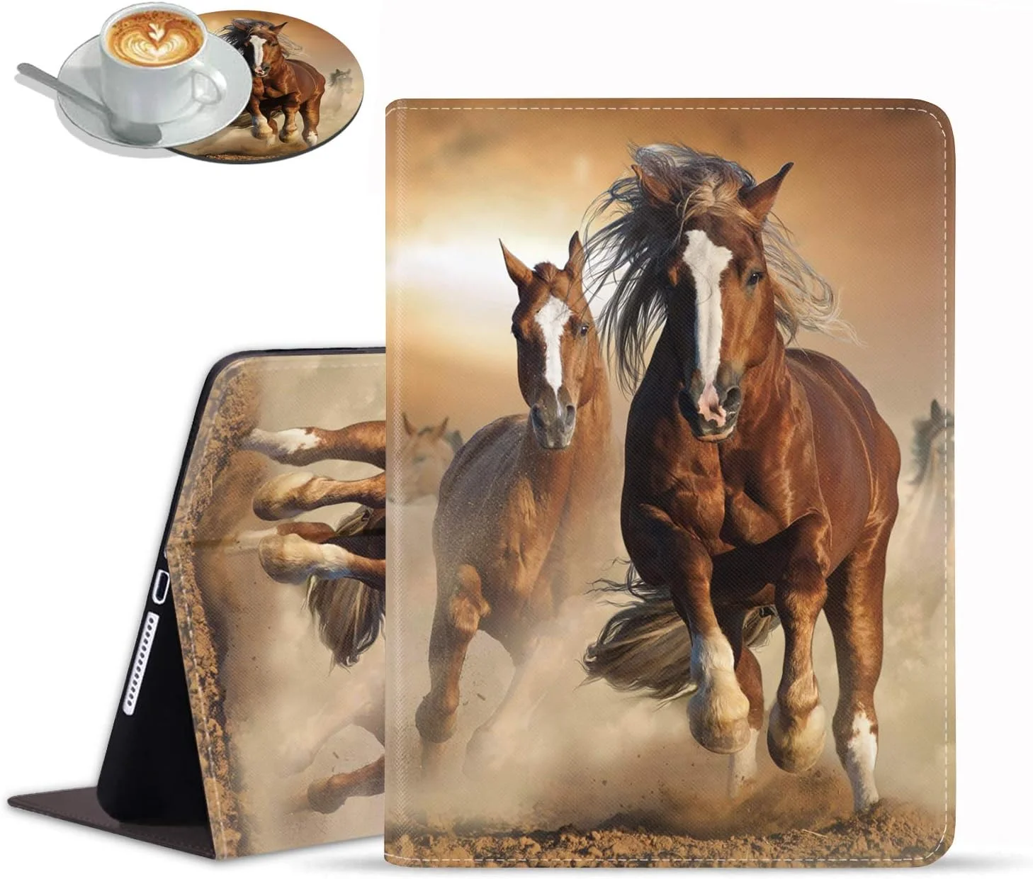 کاور آیپد 9.7 اینچی 2018/2017، کاور آیپد ایر/ایر 2، محافظ تبلت با پایه تاشو چند زاویه قابل تنظیم با قابلیت بیدار شدن/خواب خودکار، کاور هوشمند برای اپل آیپد نسل 6/5 - طرح اسب در حال دویدن (همراه با زیرلیوانی)