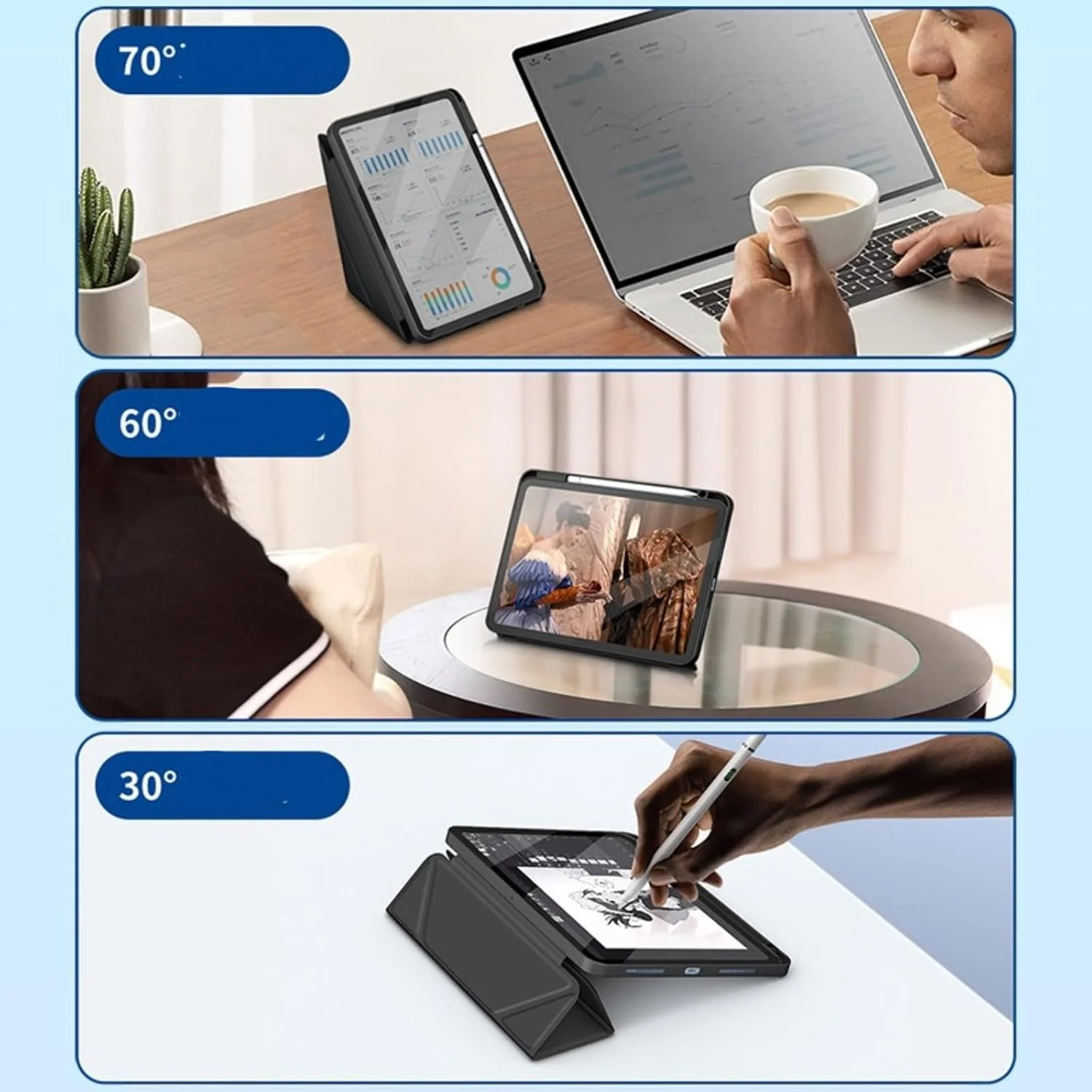 کیف محافظ QIXUZENI سازگار با آیپد (A16) نسل 11 اینچی 11 اینچ 2025 / آیپد نسل 10 اینچی 10.9 اینچ 2022، کاور هوشمند محافظ پشتی سخت و باریک (مشکی)