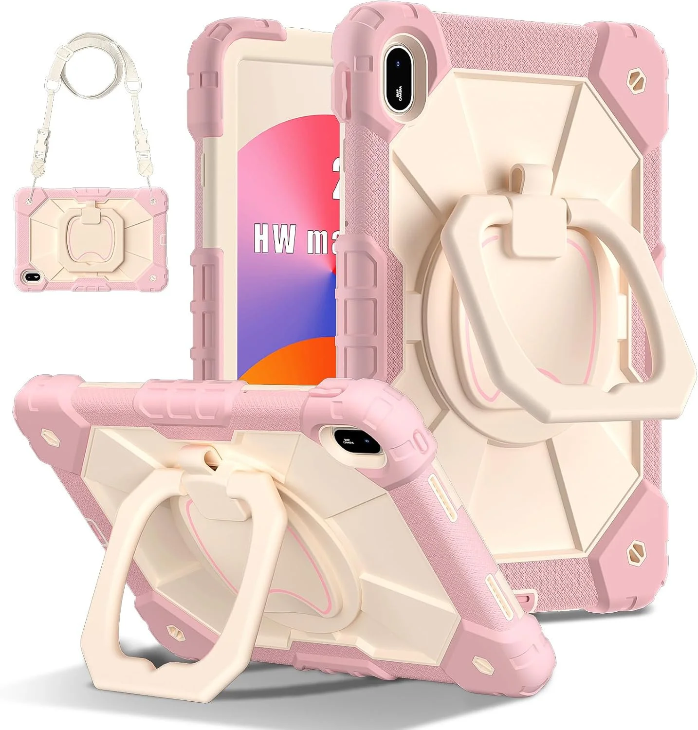 کاور تبلت هوشمند ضد ضربه Gruattreay مناسب برای Huawei MatePad SE 11 اینچ (2024)، کاور محافظ کودکانه با دسته چرخشی 360 درجه، بند و جای قلم (صورتی)