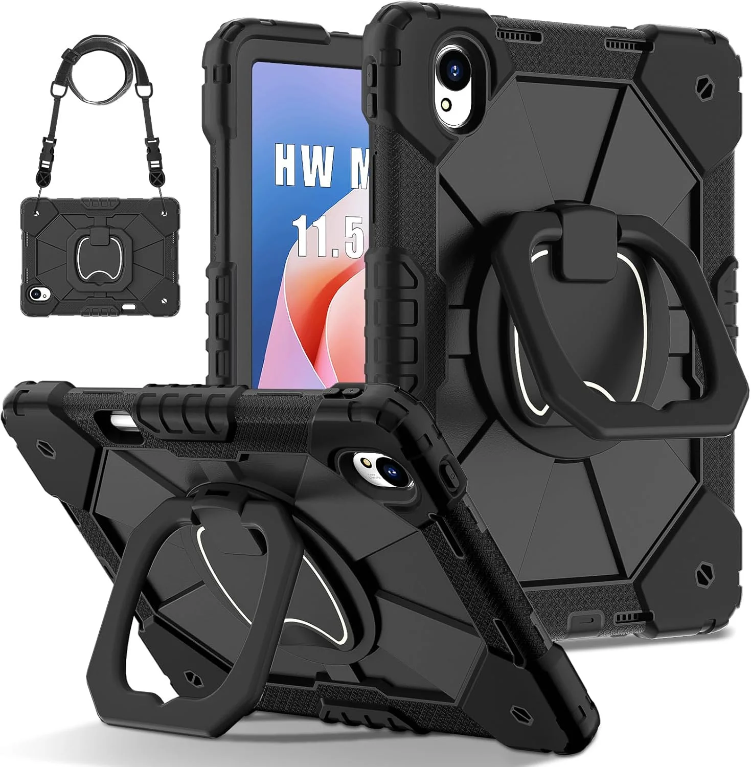 کیف محافظ کودکانه Gruattreay سازگار با Huawei MatePad 11.5'' S 2024، کیف مقاوم و بادوام با بند شانه، پایه نگهدارنده، جای قلم برای MatePad 11.5 S (مشکی)