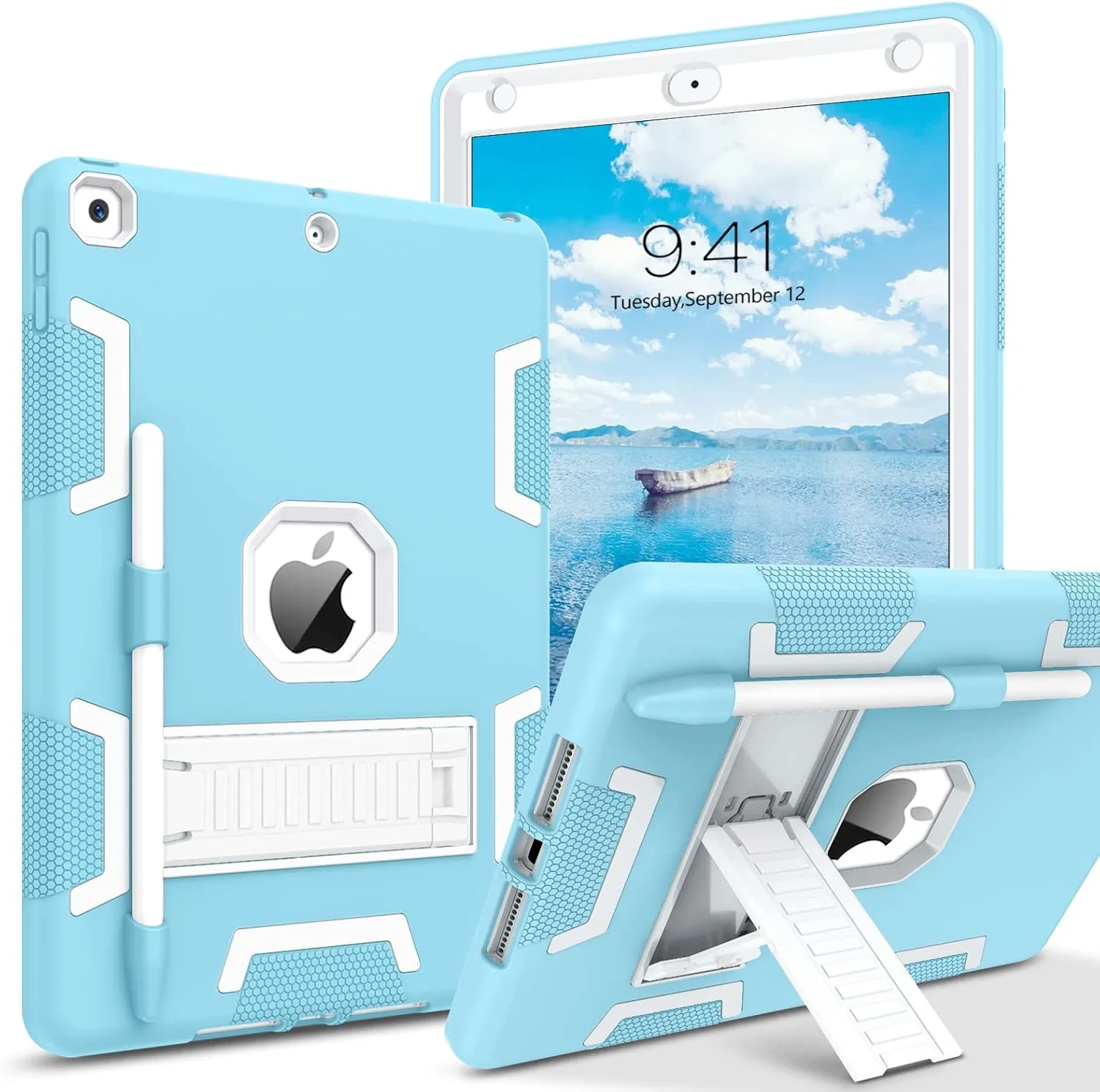 کیف محافظ آیپد نسل نهم VENINGO، کیف آیپد نسل هشتم، کیف آیپد نسل هفتم، کیف آیپد 10.2 اینچی 2021/2020/2019، کاور محافظ تبلت مقاوم در برابر ضربه 3 در 1 با پایه نگهدارنده قلم، آبی/سفید