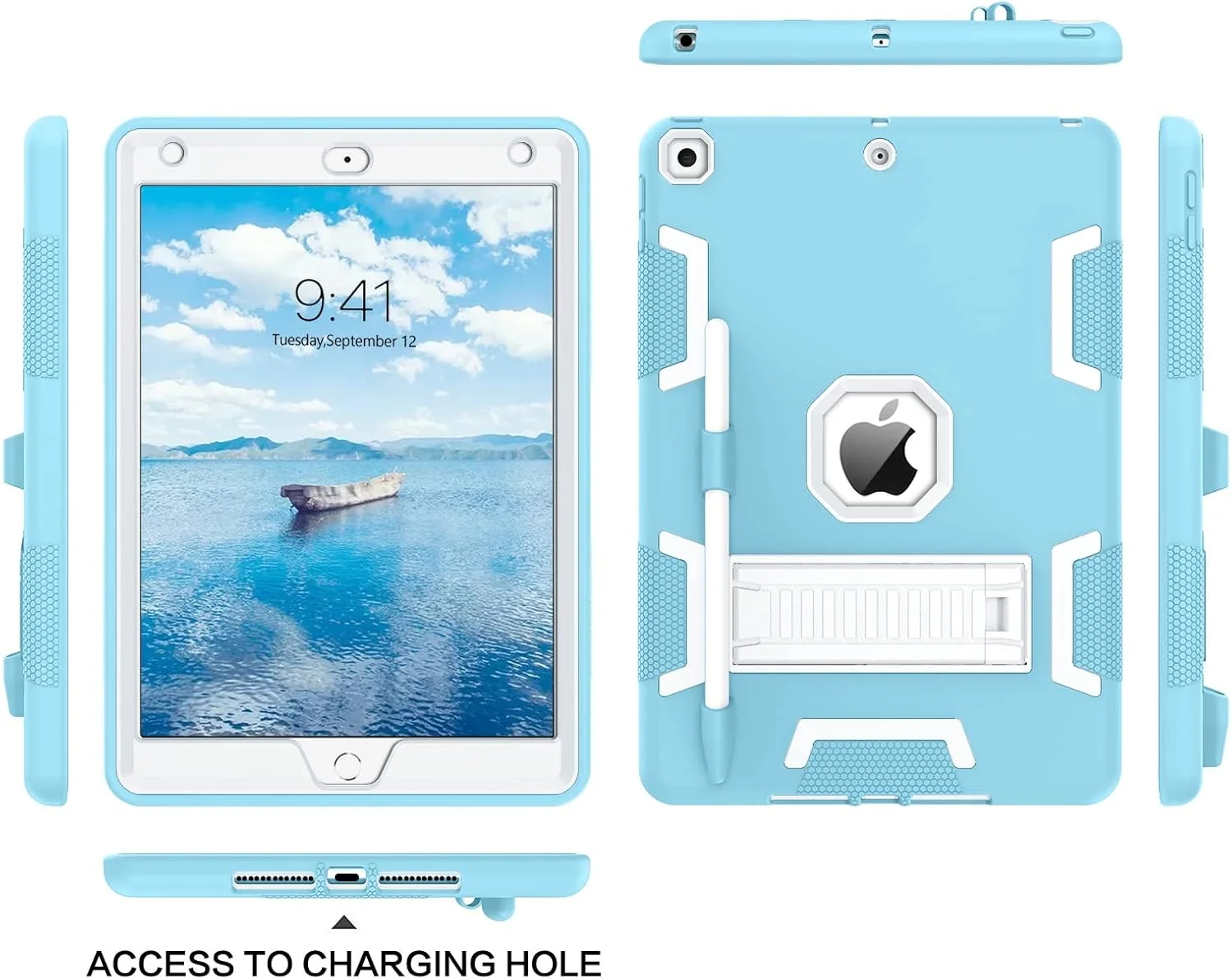 کیف محافظ آیپد نسل نهم VENINGO، کیف آیپد نسل هشتم، کیف آیپد نسل هفتم، کیف آیپد 10.2 اینچی 2021/2020/2019، کاور محافظ تبلت مقاوم در برابر ضربه 3 در 1 با پایه نگهدارنده قلم، آبی/سفید