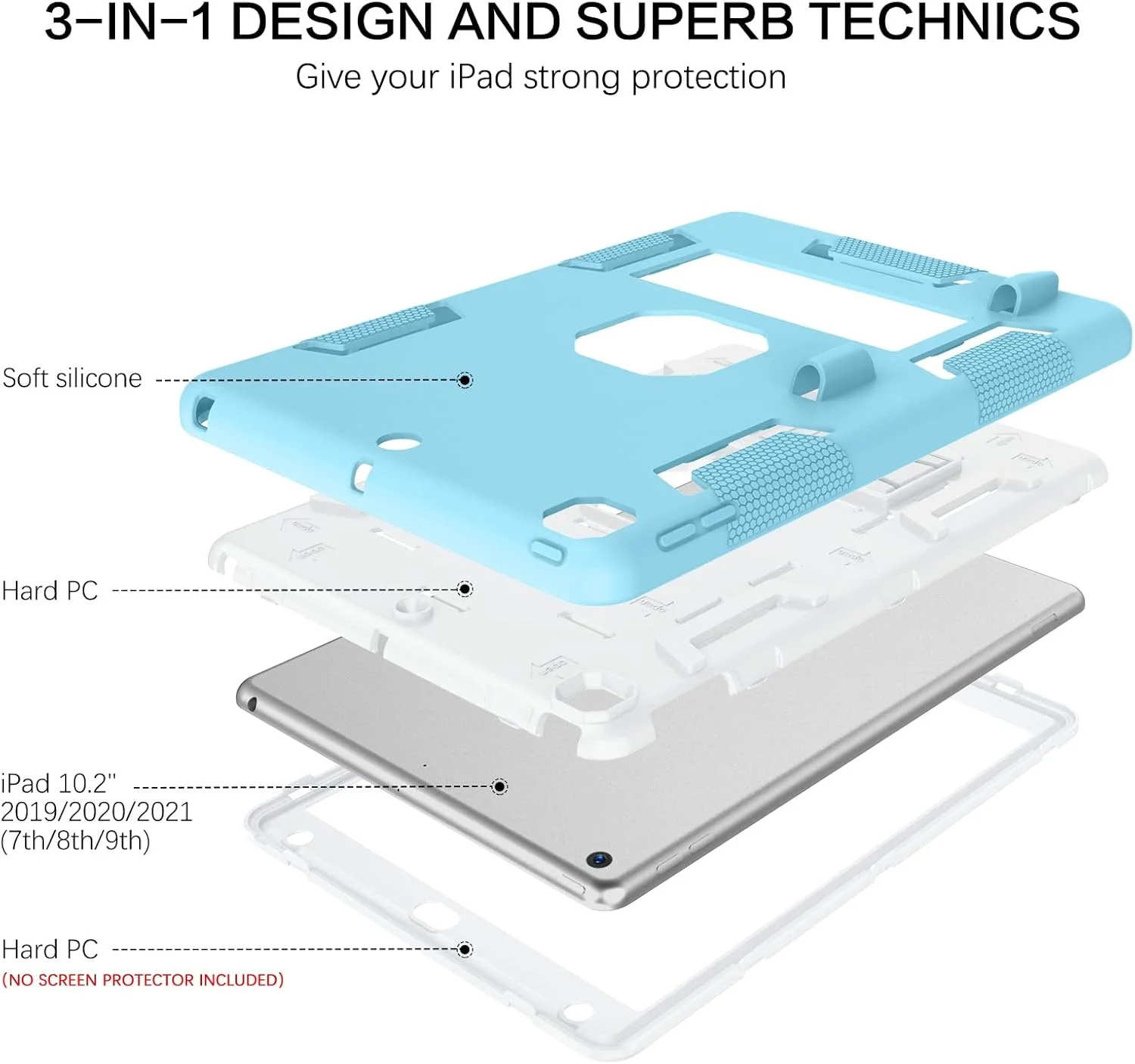کیف محافظ آیپد نسل نهم VENINGO، کیف آیپد نسل هشتم، کیف آیپد نسل هفتم، کیف آیپد 10.2 اینچی 2021/2020/2019، کاور محافظ تبلت مقاوم در برابر ضربه 3 در 1 با پایه نگهدارنده قلم، آبی/سفید