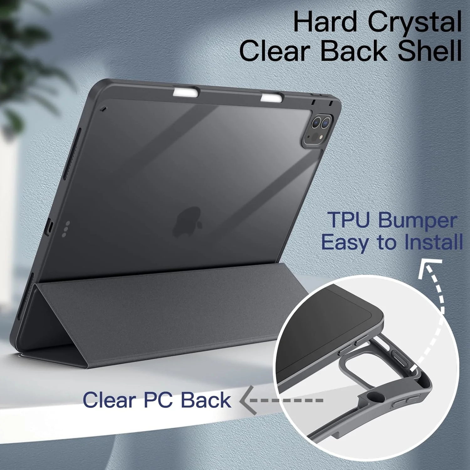 کاور تبلت آیپد پرو 12.9 اینچ JETech (مدل 2022/2021/2020/2018) با جای قلم، قاب پشتی شفاف، استند باریک ضد ضربه، قابلیت بیدار/خواب خودکار (خاکستری فضایی)