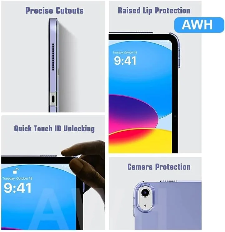 کاور آیپد AWH مناسب برای آیپد نسل 10 سال 2022، کاور باریک استنددار برای آیپد 10.9 اینچی، فولیو هوشمند با قابلیت بیدار/خواب خودکار با پشت سخت PC نیمه شفاف، مناسب برای کاور محافظ آیپد 10، (بنفش اسطوخودوسی)