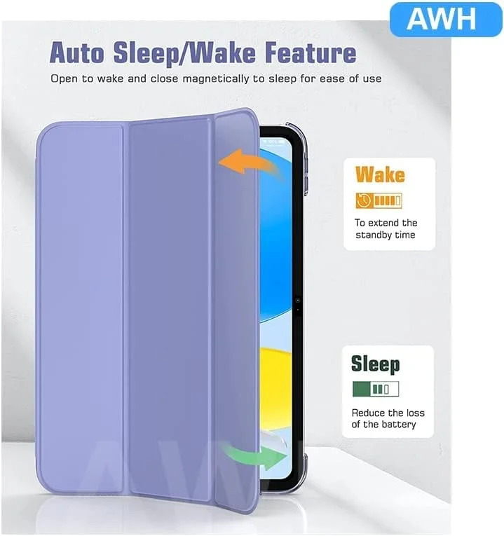 کاور آیپد AWH مناسب برای آیپد نسل 10 سال 2022، کاور باریک استنددار برای آیپد 10.9 اینچی، فولیو هوشمند با قابلیت بیدار/خواب خودکار با پشت سخت PC نیمه شفاف، مناسب برای کاور محافظ آیپد 10، (بنفش اسطوخودوسی)