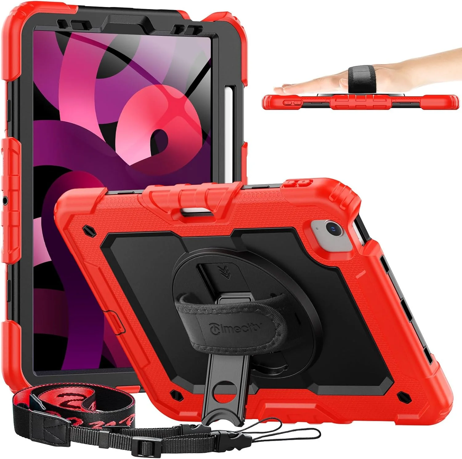محافظ آیپد ایر نسل 5/4 Timecity، 10.9 اینچ 2020/2022، قاب محافظ ضد ضربه با محافظ صفحه نمایش، پایه چرخان 360 درجه، بند دستی/شانه ای، قاب مقاوم برای آیپد ایر 4/5، مشکی/قرمز