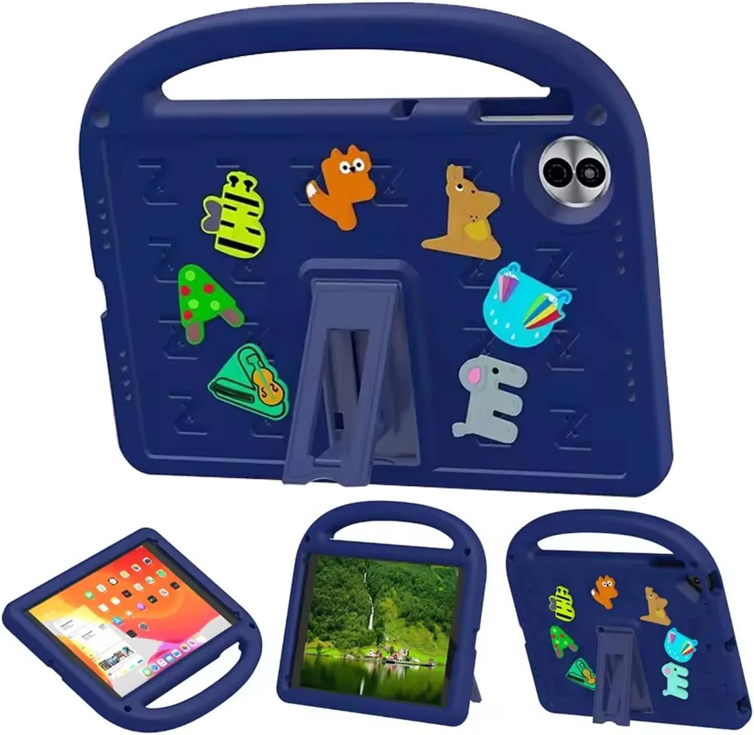 کیف تبلت کودکانه Lukione سازگار با Honor Pad 10 12.1 اینچ، (نسخه 12.1 اینچی 2025) پوشش محافظ سبک و مقاوم در برابر ضربه با پایه دسته دار، طراحی زیبا DIY (آبی)