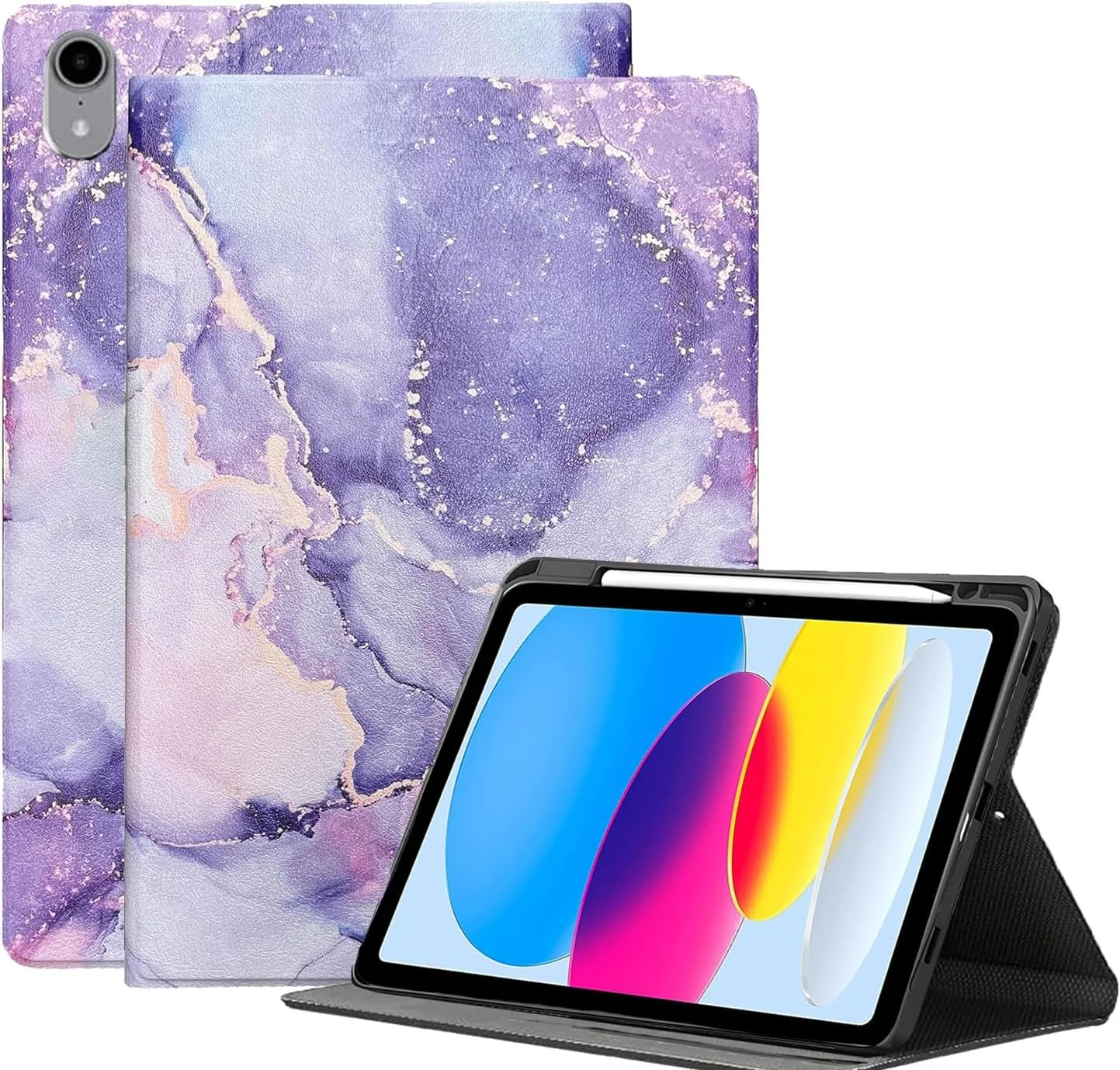کاور کتابی ProElite مناسب برای آیپد نسل دهم اپل، کاور هوشمند تاشو با جای قلم، طرح سنگ مرمر بنفش