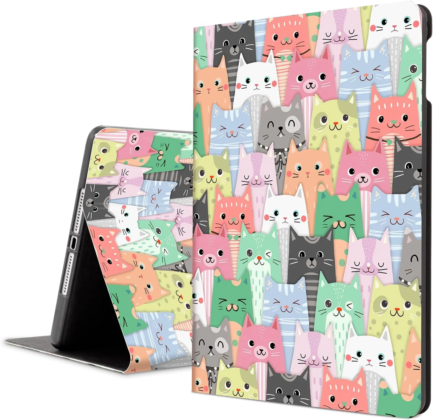 کاور آیپد نسل ششم Lokigo، کاور آیپد نسل پنجم، کاور آیپد ایر 2/1 دخترانه، کاور پشتی نرم PU 9.7 اینچی با قابلیت تنظیم زاویه دید چندگانه برای آیپد نسل 6/5، قابلیت بیدار شدن/به خواب رفتن خودکار، طرح گربه های رنگی