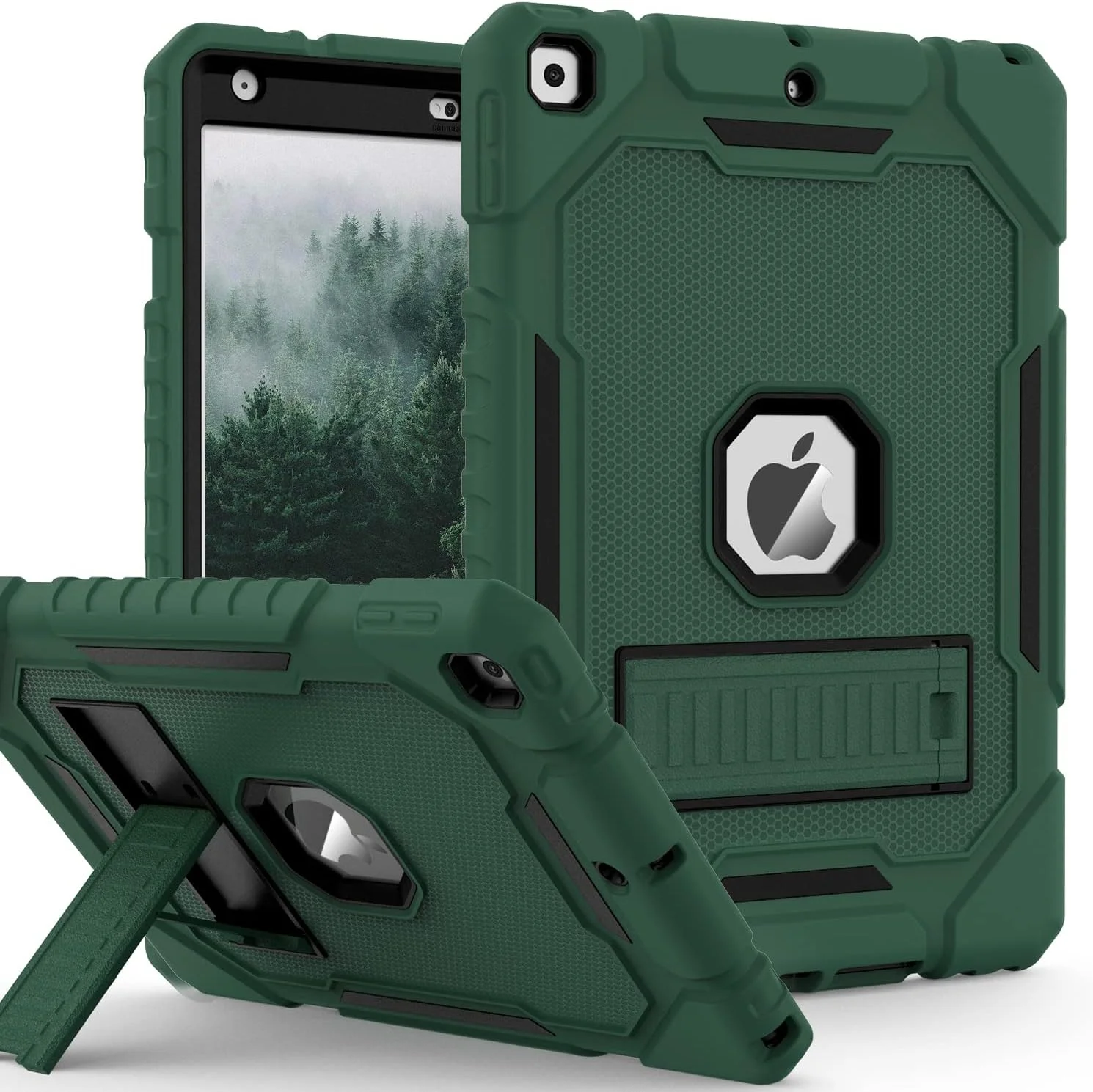 کاور ZoneFoker مناسب برای آیپد نسل 9/8/7 (10.2 اینچ) مدل 2021/2020/2019، محافظ سنگین و مقاوم در برابر ضربه با استاندارد نظامی، کاور محافظ 10.2 اینچی با پایه داخلی برای آیپد نسل 9 8 7 (سبز تیره + مشکی)