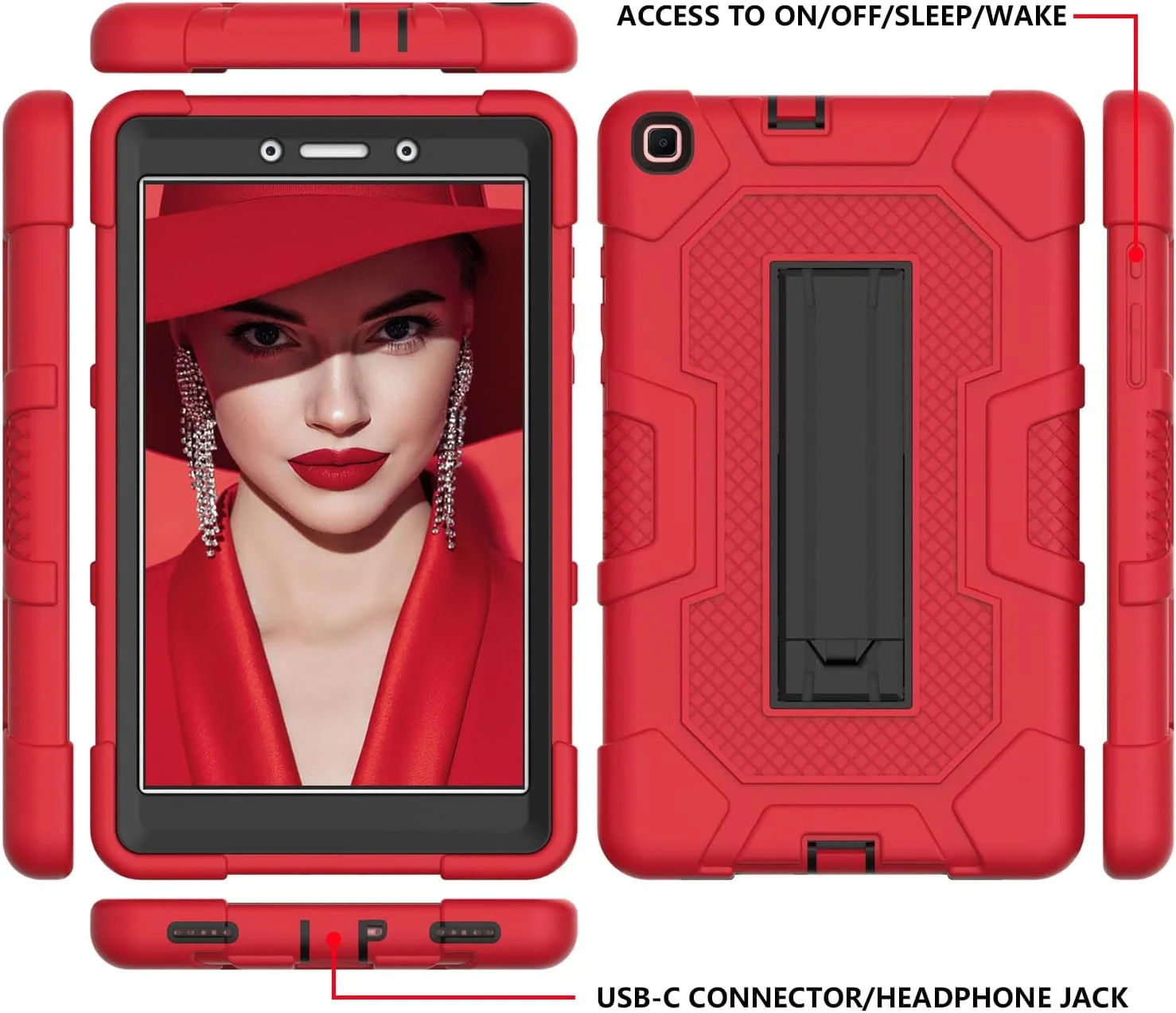 کیف تبلت سامسونگ YEOU مدل Tab A7lite 8.7 T225/T220 (2021) با پایه، مقاوم، ضد ضربه، سه لایه محافظ سخت هیبریدی، بدنه نرم، تبلت اپل، کیف سیلیکونی (قرمز + مشکی)