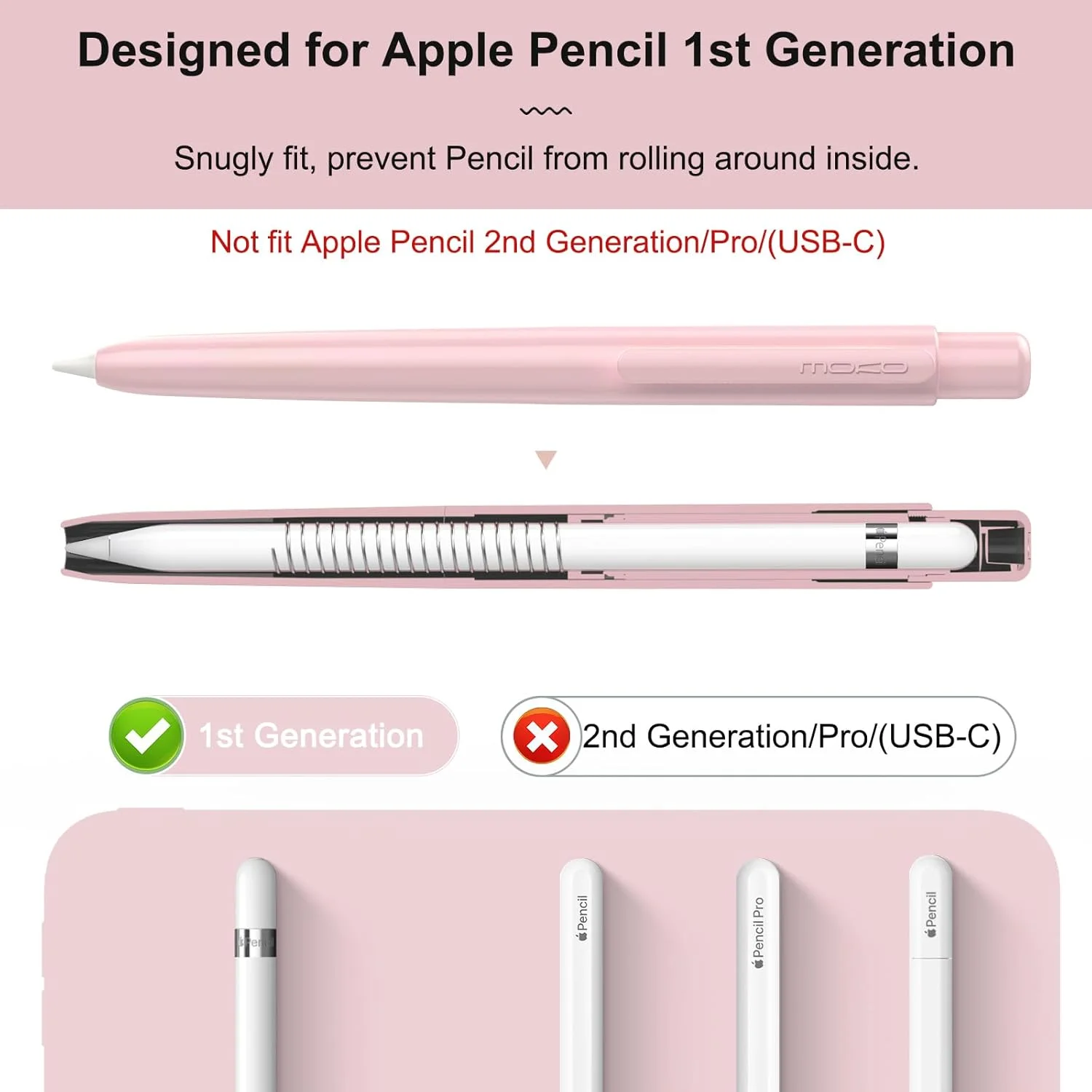 محفظه نگهدارنده قلم MoKo برای Apple Pencil، درپوش نوک جمع شونده برای آیپد 10.2 2019/iPad Air (نسل سوم) 10.5 اینچ 2019/iPad Mini (نسل پنجم) 7.9 اینچ 2019 Apple Pencil (فقط برای Apple Pencil نسل اول - صورتی)