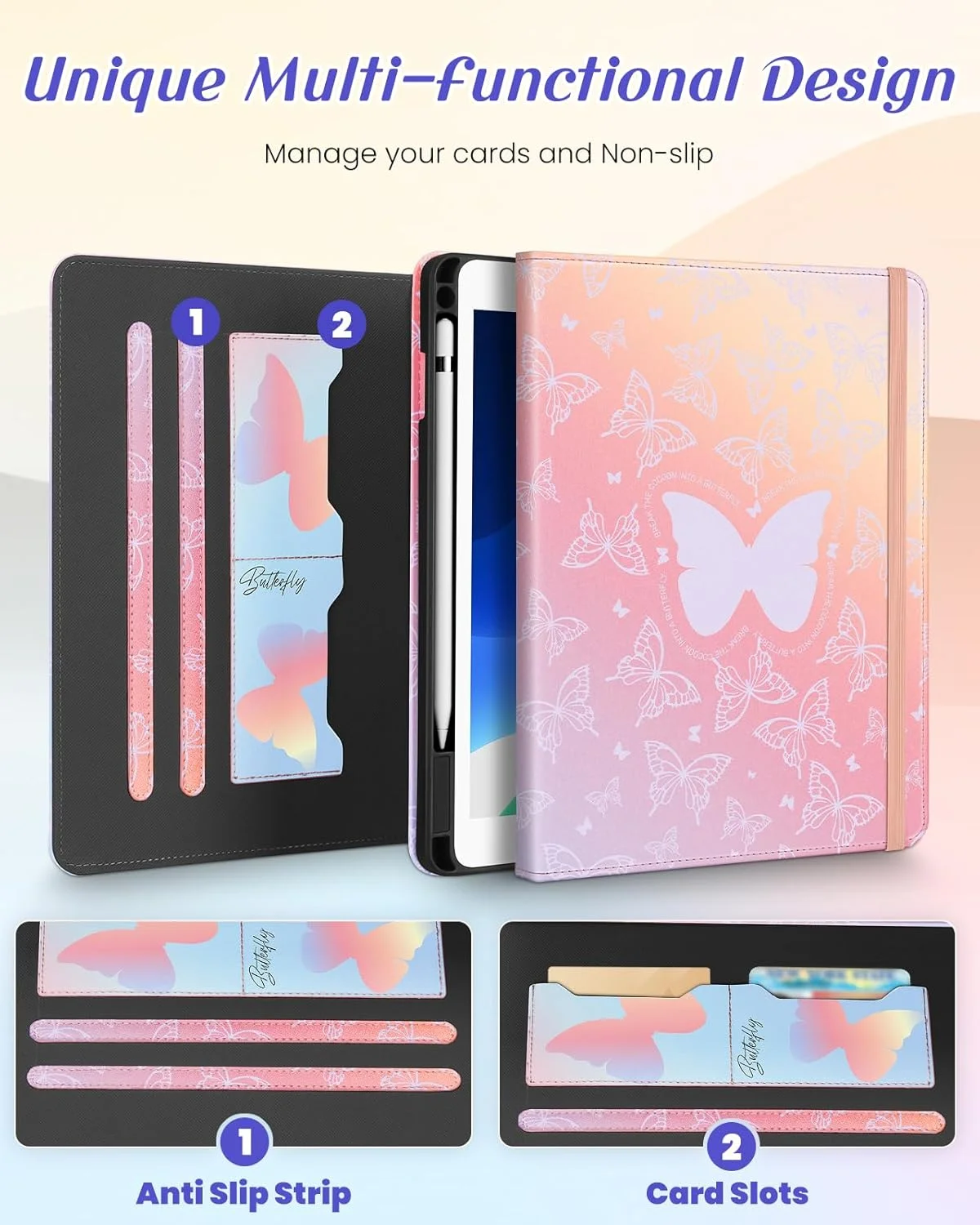 کیف Kidcube مناسب برای آیپد نسل 9/8/7 اینچ 10.2 - مناسب برای دختران و زنان، کاور فانتزی چرخشی با جای قلم و جای کارت، طرح پروانه Kawaii دخترانه برای کیف های آیپد نسل 9/8/7