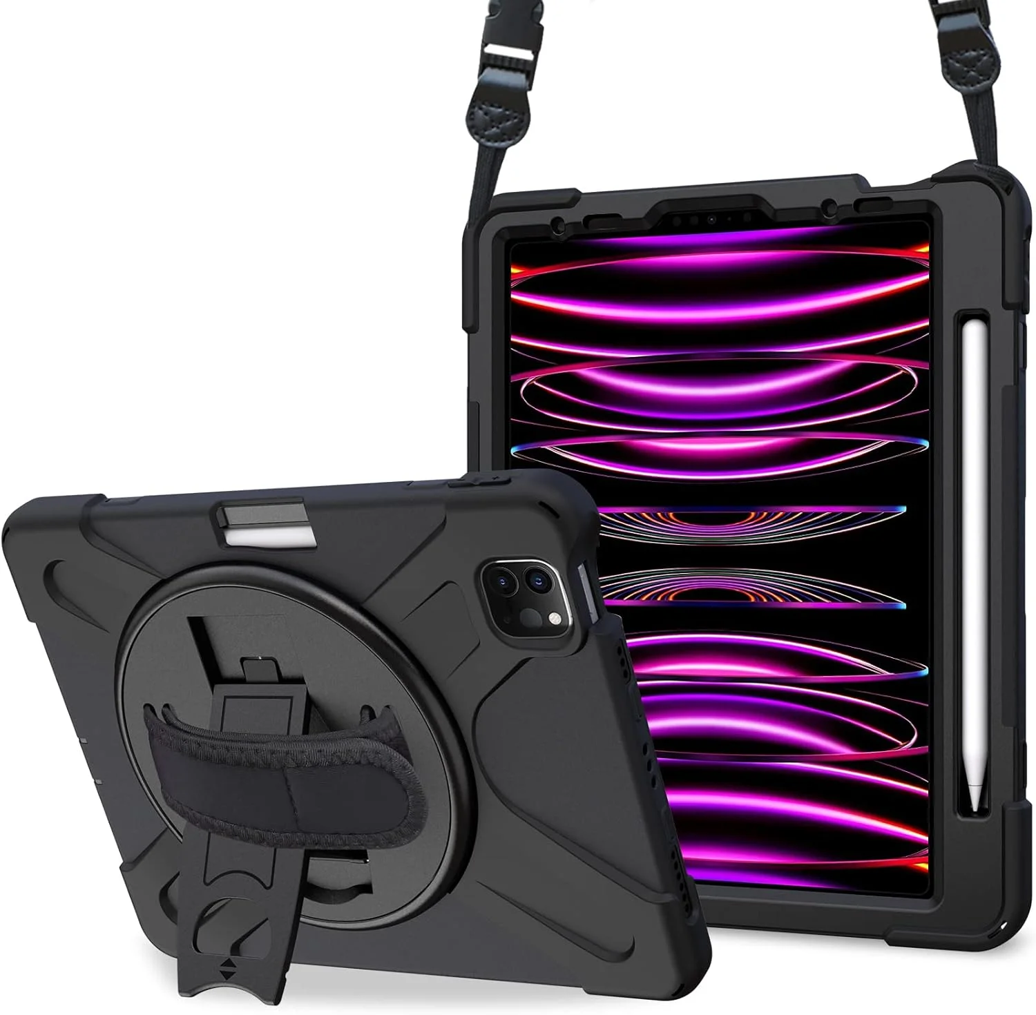 کیف محافظ ProCase مناسب برای آیپد پرو 12.9 اینچ 2022 2021 2020 2018، کاور مقاوم در برابر ضربه با بند دستی و بند شانه برای آیپد پرو 12.9 اینچ نسل 6، 5، 4 و 3 - مشکی