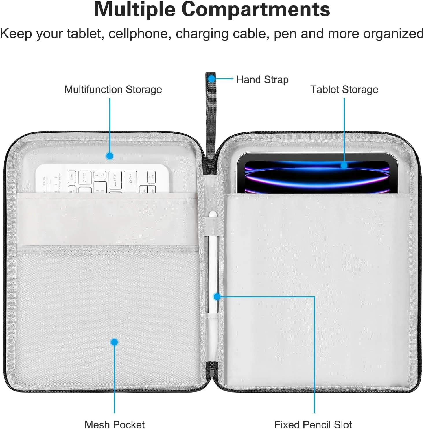 کیف تبلت 9-12.9 اینچی Azonee با دسته - مناسب برای آیپد پرو 12.9/آیپد ایر 13 اینچی، سرفیس پرو 9/8، گلکسی تب S9+/S8+/S7+ 12.4 اینچی - کیف تبلت مشکی با جیب و بند شانه