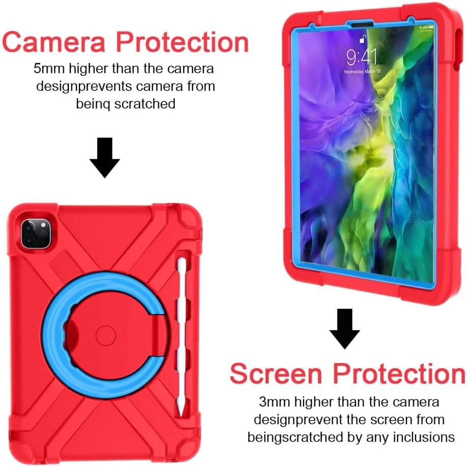 کیف محافظ تبلت یونیک کیس مناسب برای آیپد ایر (2022/2020) / آیپد پرو 11 اینچ (2022/2021/2020)، مقاوم در برابر ضربه، با دستگیره چرخان 360 درجه و پایه نگهدارنده - قرمز/آبی
