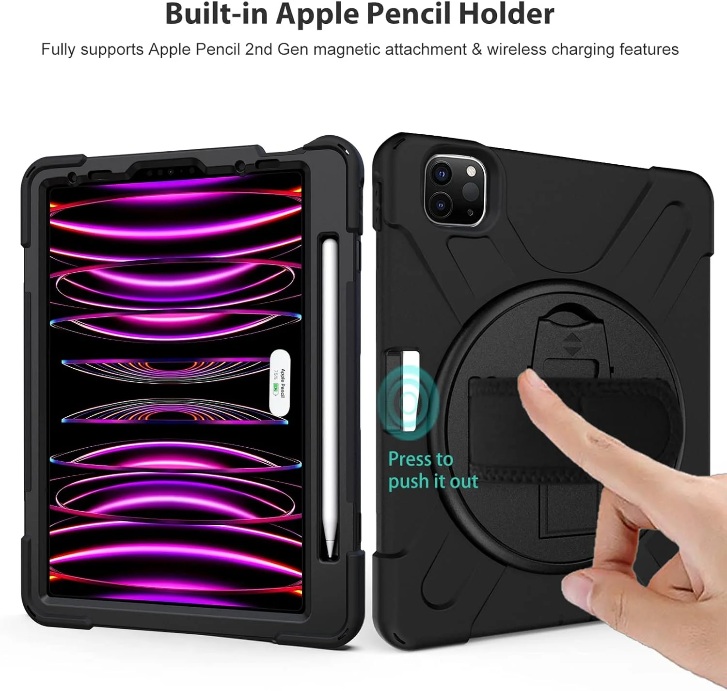 کیف محافظ ProCase مناسب برای آیپد پرو 12.9 اینچ 2022 2021 2020 2018، کاور مقاوم در برابر ضربه با بند دستی و بند شانه برای آیپد پرو 12.9 اینچ نسل 6، 5، 4 و 3 - مشکی