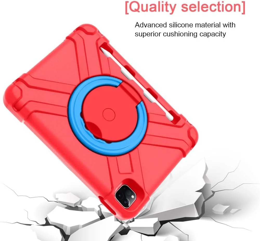 کیف محافظ تبلت یونیک کیس مناسب برای آیپد ایر (2022/2020) / آیپد پرو 11 اینچ (2022/2021/2020)، مقاوم در برابر ضربه، با دستگیره چرخان 360 درجه و پایه نگهدارنده - قرمز/آبی