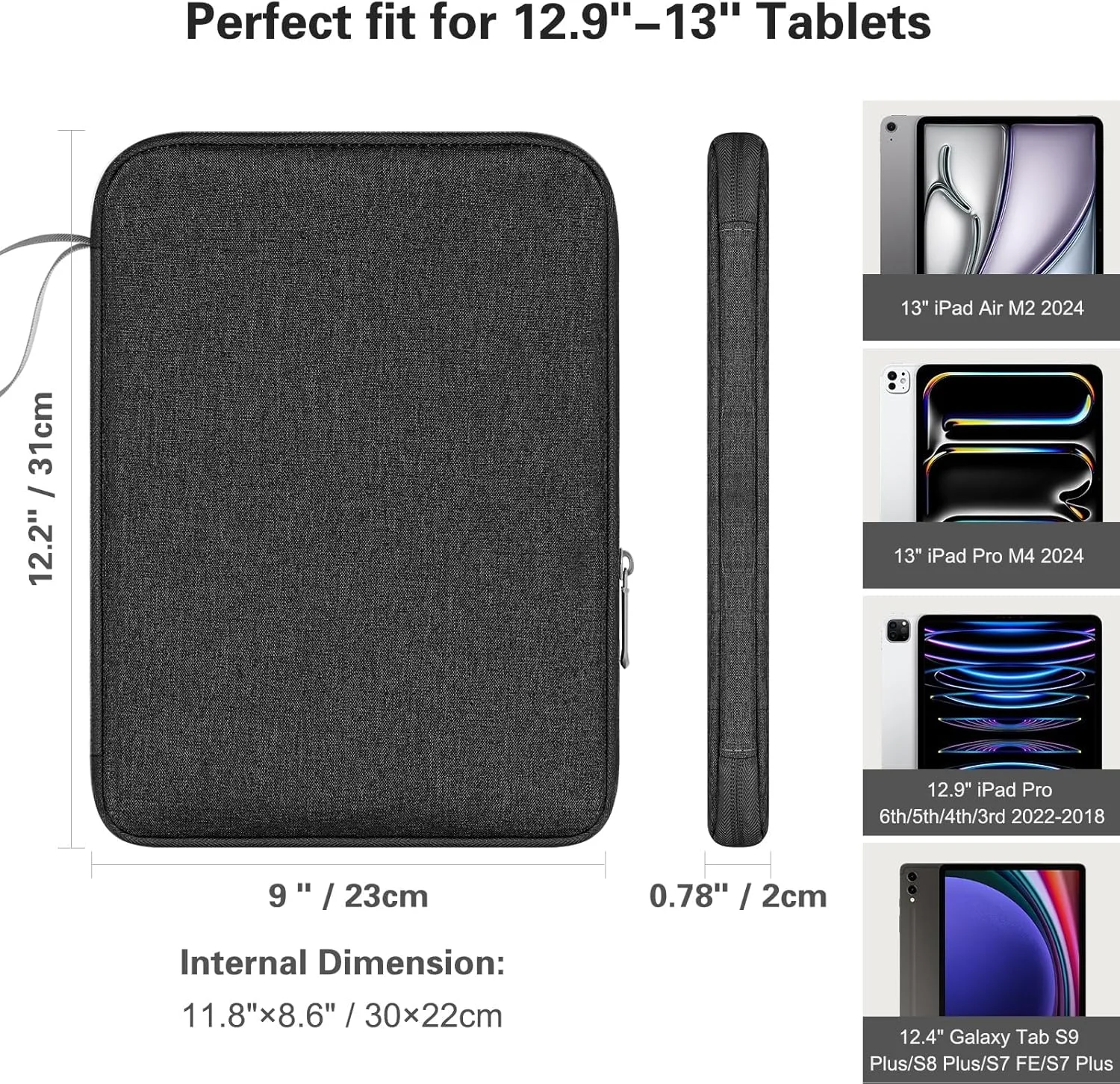 کیف تبلت 9-12.9 اینچی Azonee با دسته - مناسب برای آیپد پرو 12.9/آیپد ایر 13 اینچی، سرفیس پرو 9/8، گلکسی تب S9+/S8+/S7+ 12.4 اینچی - کیف تبلت مشکی با جیب و بند شانه