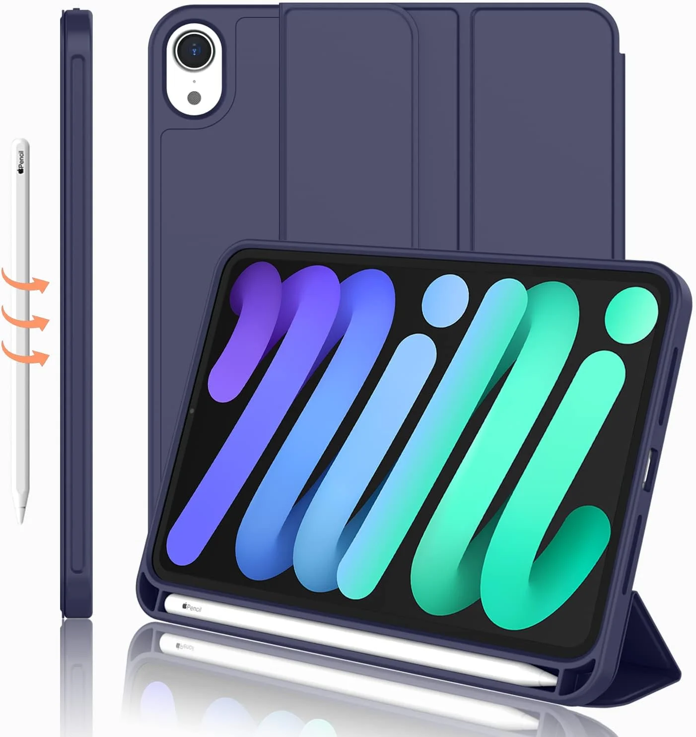 کاور آیپد مینی 7 مدل 2024 (A17 Pro) و آیپد مینی 6 مدل 2021 (8.3 اینچی)، کاور آیپد مینی نسل 7/6 با جای قلم، کاور هوشمند سه تایی با پشت TPU نرم، آبی تیره