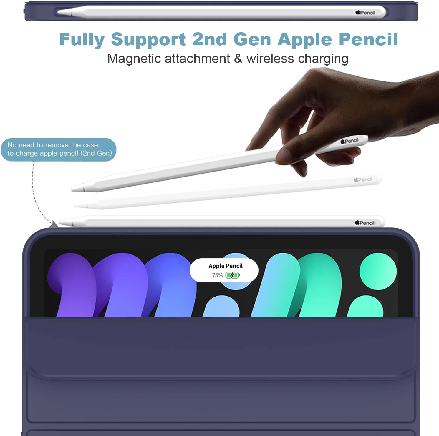 کاور آیپد مینی 7 مدل 2024 (A17 Pro) و آیپد مینی 6 مدل 2021 (8.3 اینچی)، کاور آیپد مینی نسل 7/6 با جای قلم، کاور هوشمند سه تایی با پشت TPU نرم، آبی تیره