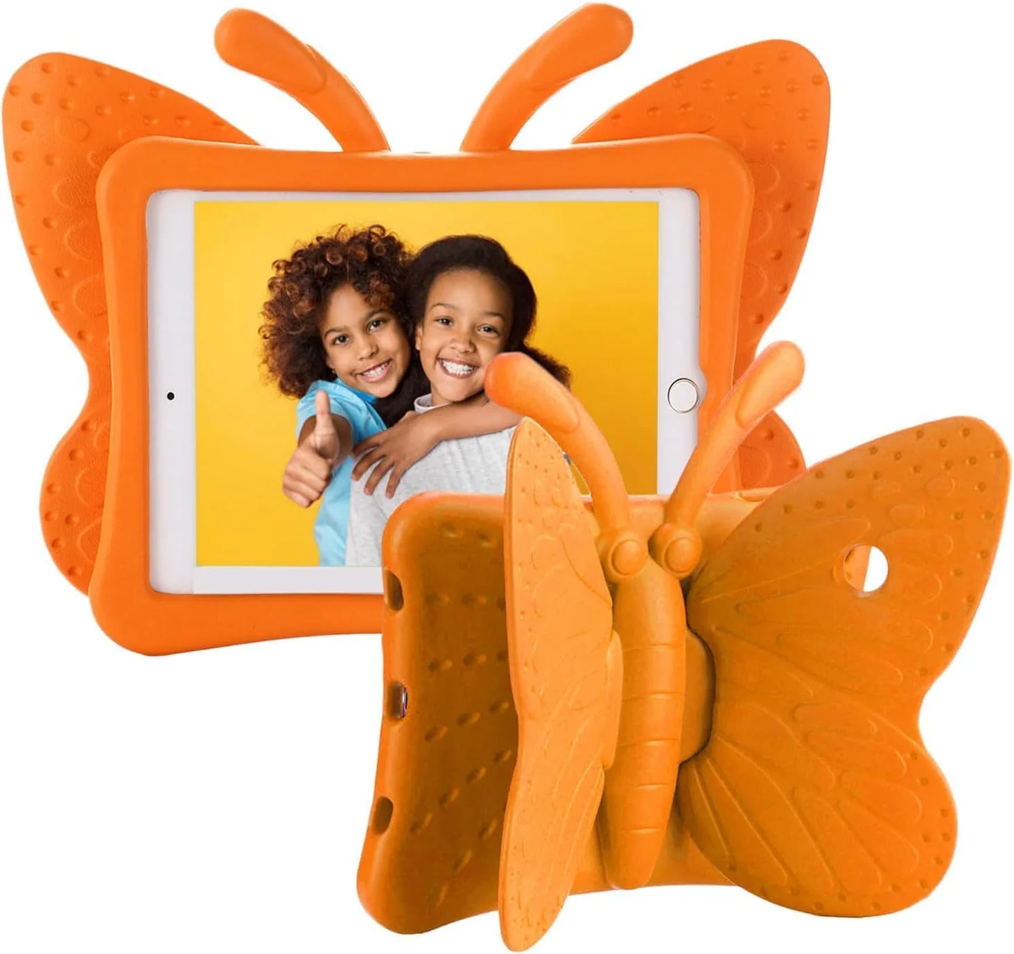 کیف آیپد نسل ششم ELTERAZONE برای کودکان، کیف آیپد 9.7 اینچی، کاور محافظ تبلت فوم سبک و مقاوم در برابر ضربه با پایه برای Apple iPad Air/Air 2 iPad 9.7 2017/2018 - پروانه زیبا (نارنجی)