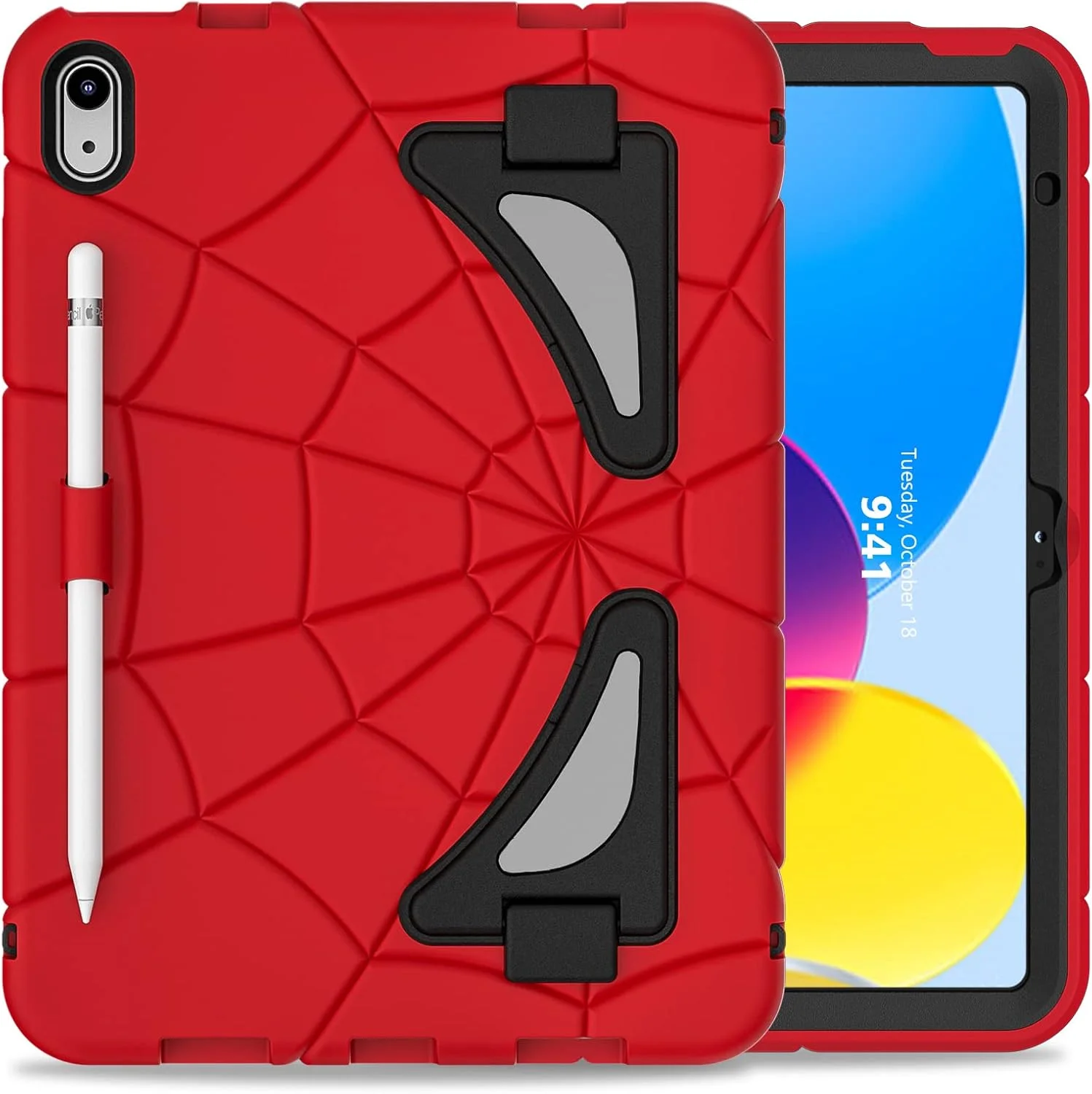 کیف محافظ کودکانه Unichthy مناسب برای آیپد نسل دهم 2022 با صفحه نمایش 10.9 اینچی، دارای پایه نگهدارنده برای پسران و دختران، ضد ضربه، ترکیبی، با گوشه‌های ضخیم برای محافظت در برابر ضربه، مناسب برای آیپد نسل 10، قرمز/مشکی
