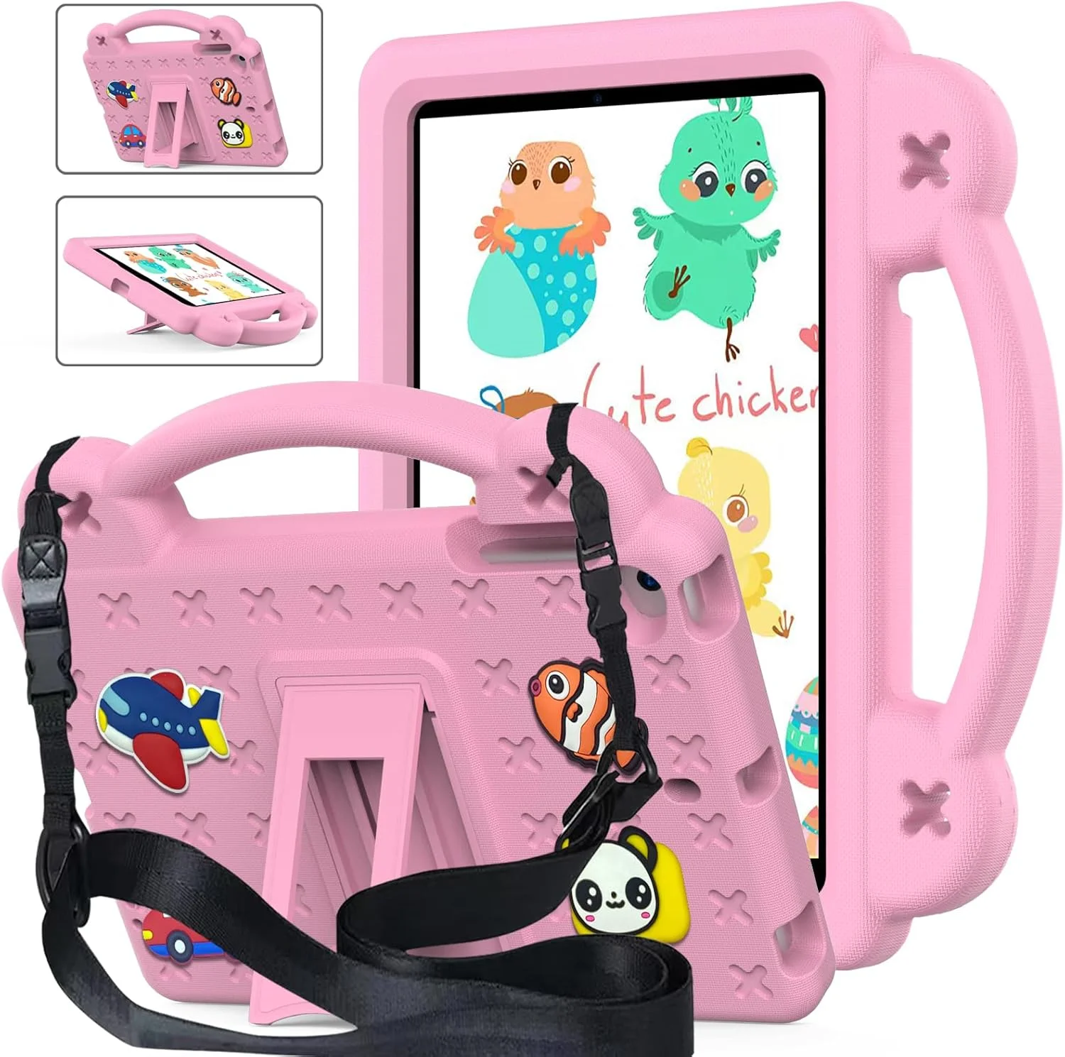 کیف آیپد نسل 10 برای کودکان، ضد ضربه DIY با نگهدارنده مداد/دسته/پایه/بند شانه، کاور محافظ کودکانه تبلت برای آیپد نسل 10 (2022)/Air 4/5 10.9 اینچ/آیپد پرو 11 (صورتی)