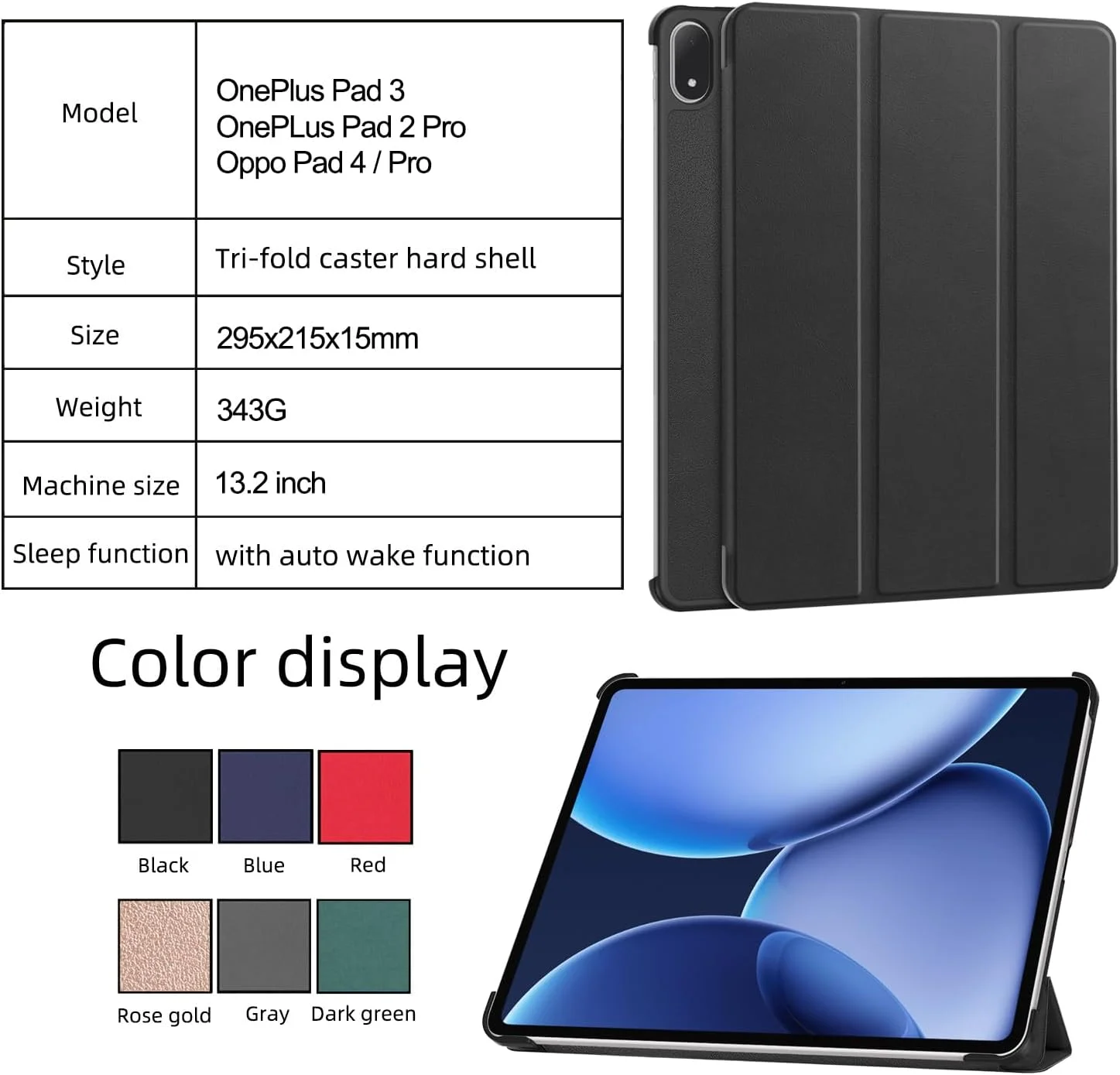 کیف محافظ تبلت SKEIDO مناسب برای OnePlus Pad 3/Pad 2 Pro 13.2 اینچ 2025، کاور هوشمند سه تایی با قابلیت تنظیم زاویه دید، بدنه سخت، روکش چرمی هوشمند با قابلیت خواب/بیدار شدن خودکار، باریک (مشکی)