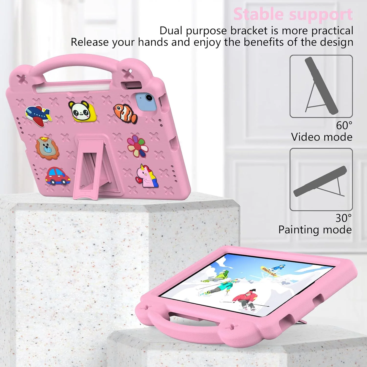 کیف آیپد نسل 10 برای کودکان، ضد ضربه DIY با نگهدارنده مداد/دسته/پایه/بند شانه، کاور محافظ کودکانه تبلت برای آیپد نسل 10 (2022)/Air 4/5 10.9 اینچ/آیپد پرو 11 (صورتی)