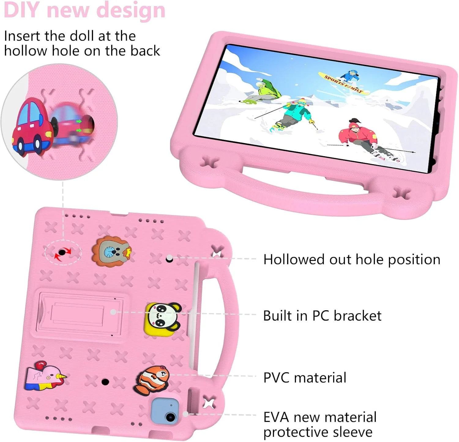 کیف آیپد نسل 10 برای کودکان، ضد ضربه DIY با نگهدارنده مداد/دسته/پایه/بند شانه، کاور محافظ کودکانه تبلت برای آیپد نسل 10 (2022)/Air 4/5 10.9 اینچ/آیپد پرو 11 (صورتی)