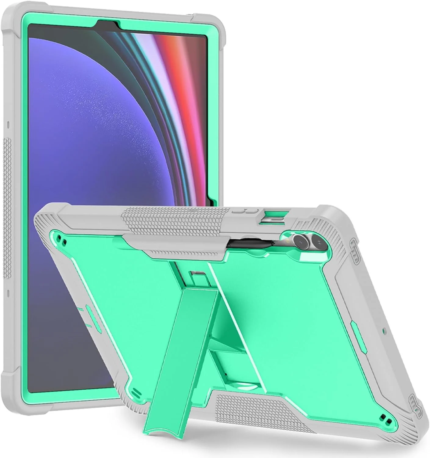 کاور مقاوم Gruattreay سازگار با تبلت سامسونگ گلکسی تب S10+/S10 پلاس 12.4 اینچ 2024 (SM-X820/X826B)، کاور محافظ هیبریدی مقاوم در برابر ضربه با پایه داخلی (خاکستری + سبز)