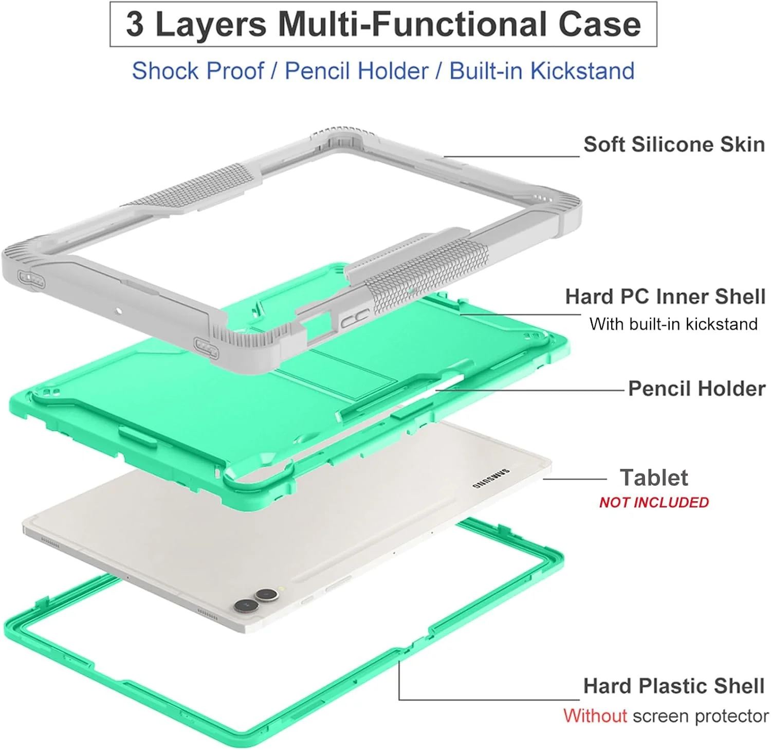 کاور مقاوم Gruattreay سازگار با تبلت سامسونگ گلکسی تب S10+/S10 پلاس 12.4 اینچ 2024 (SM-X820/X826B)، کاور محافظ هیبریدی مقاوم در برابر ضربه با پایه داخلی (خاکستری + سبز)