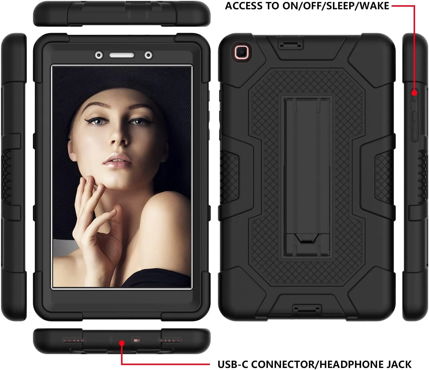 کیف محافظ تبلت سامسونگ Tab A 8.0 (2019) مدل T290/T295 به همراه پایه، مقاوم در برابر ضربه، سه لایه محافظتی سخت و ترکیبی، بدنه نرم، مناسب تبلت اپل، جنس سیلیکونی (مشکی + مشکی)