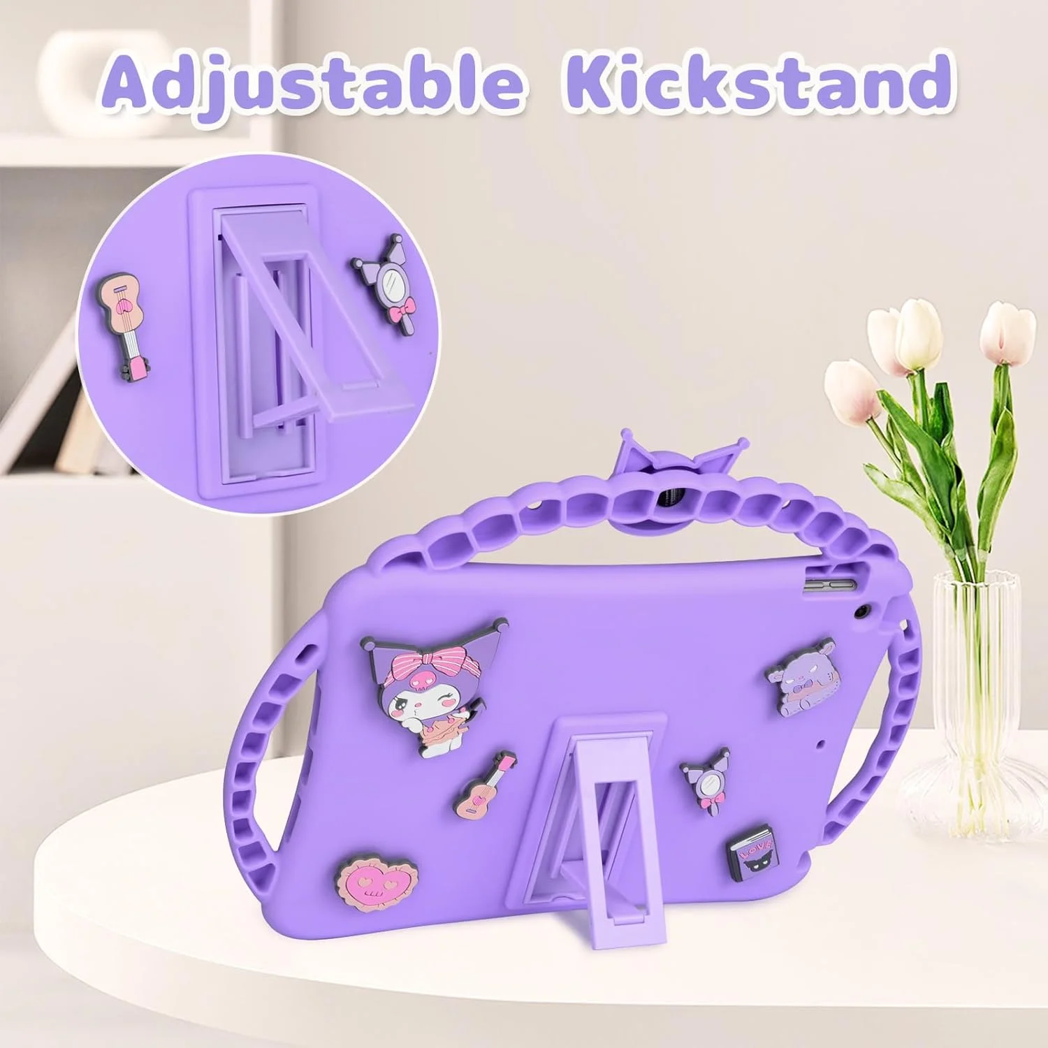 کیف محافظ آیپد نسل 9، 8 و 7 Carechoi، کیف آیپد 10.2 اینچی با پایه کیف پول، بند شانه و دستگیره، طرح کارتونی زیبا، پوشش سیلیکونی نرم تبلت برای کودکان دختر و پسر (بنفش)