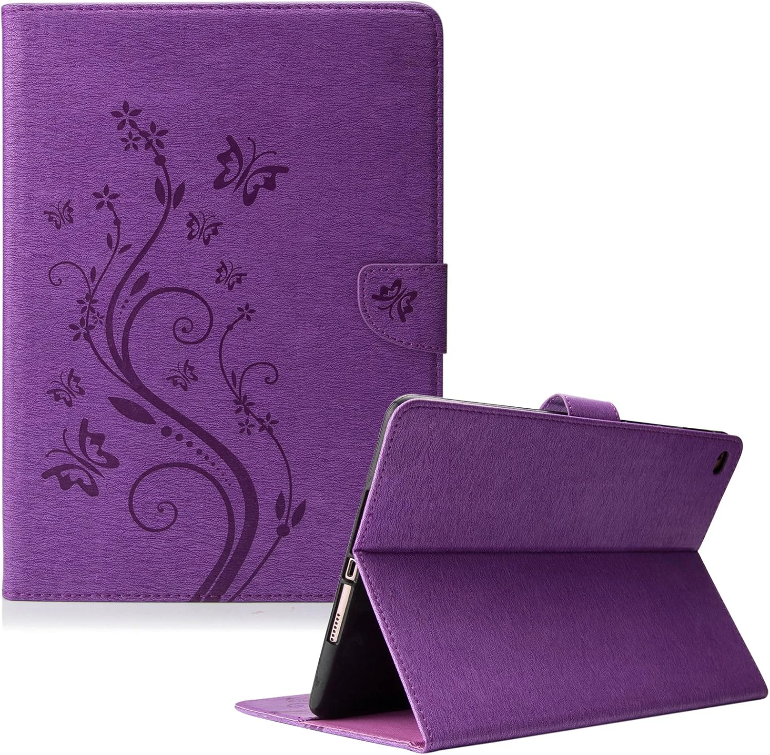 کیف محافظ چرمی Dteck مناسب برای آیپد ایر 2 تولید سال 2014، کیف پول محافظ چرمی مصنوعی با [اسلات کارت]، جلد باریک و زیبا با طرح پروانه و قابلیت استند برای تبلت 25 سانتی متری اپل آیپد ایر 2 - بنفش