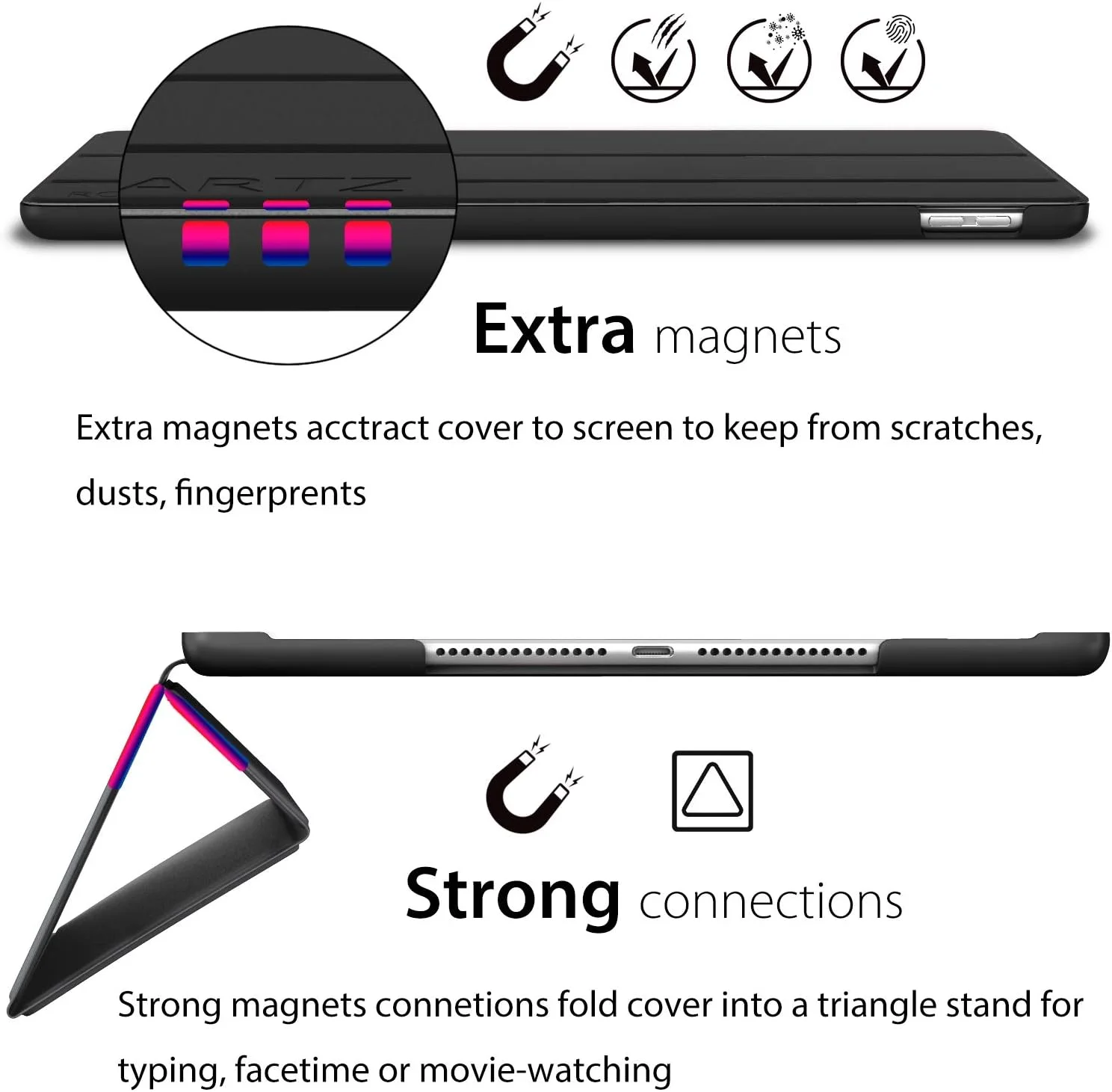 کاور آیپد مینی 5 ROARTZ، کاور باریک و هوشمند با روکش لاستیکی مشکی، جلد سخت سبک وزن با قابلیت بیدار شدن/به خواب رفتن خودکار برای اپل آیپد مینی نسل 5 مدل 2019 A2133 A2124 A2126 با صفحه نمایش 7.9 اینچی (مشکی)