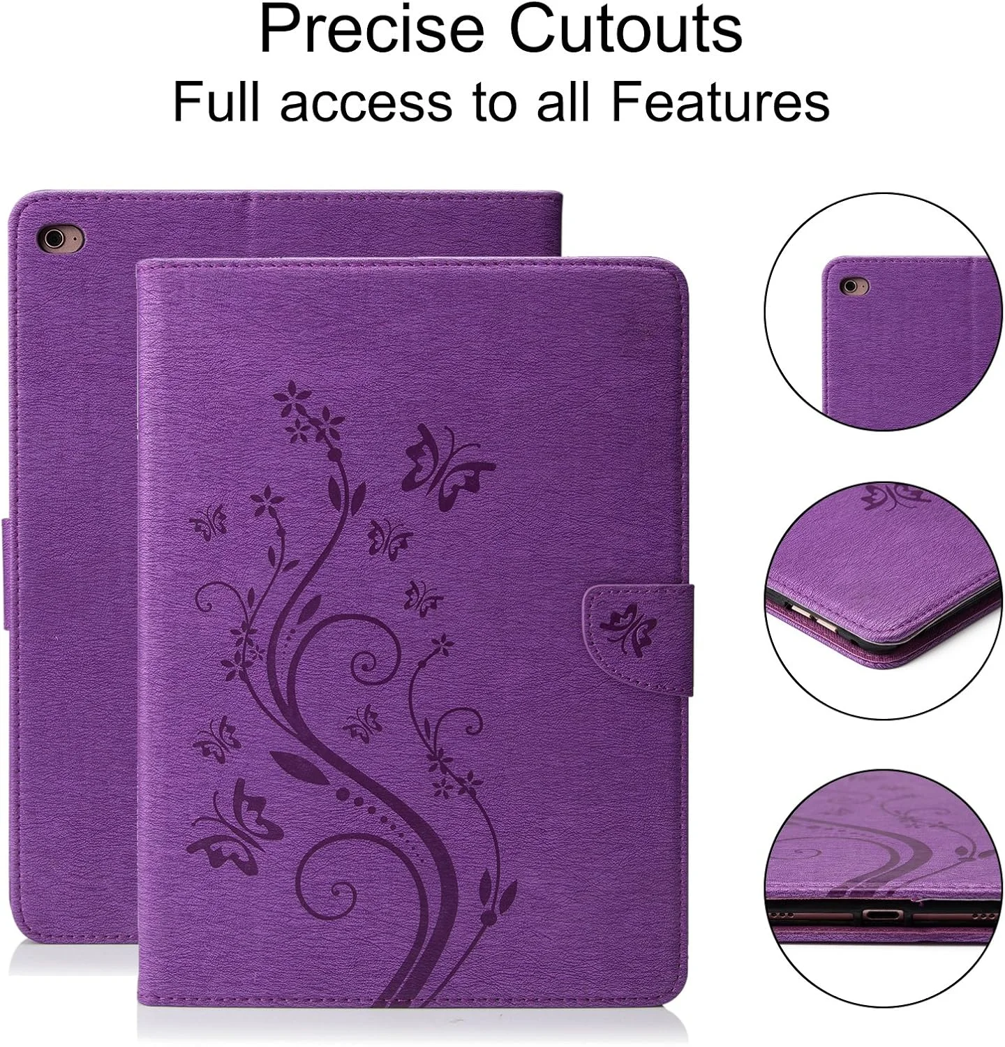 کیف محافظ چرمی Dteck مناسب برای آیپد ایر 2 تولید سال 2014، کیف پول محافظ چرمی مصنوعی با [اسلات کارت]، جلد باریک و زیبا با طرح پروانه و قابلیت استند برای تبلت 25 سانتی متری اپل آیپد ایر 2 - بنفش